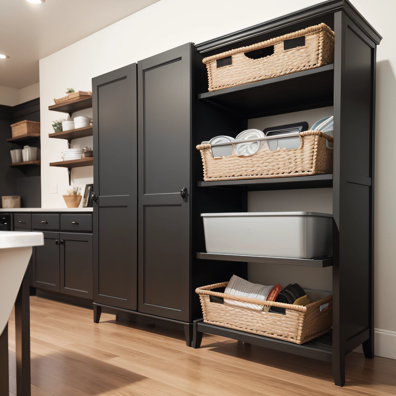 Black slate appliances with Organizing with Shelves