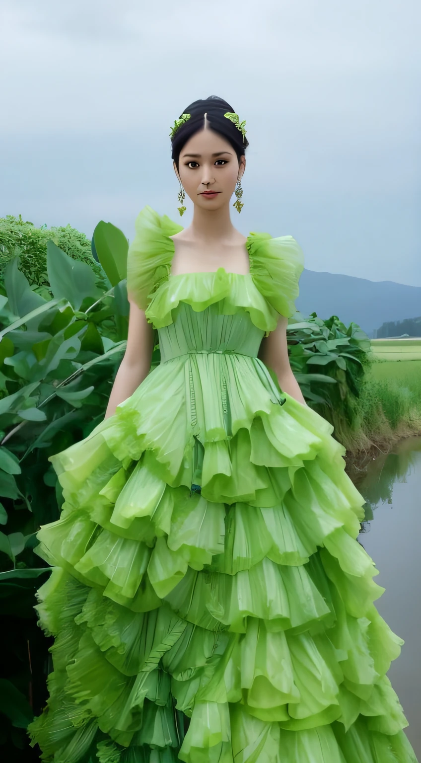 Arad woman in a green dress standing next to a body of water, dress made of green leaves, wearing a dress made of vines, wearing a neon green dress, Green dress, Wearing a gorgeous dress, dress made of leaves, dress of leaves, full body green dress, expensive voluminous dress, Wearing a gorgeous dress, floating dress