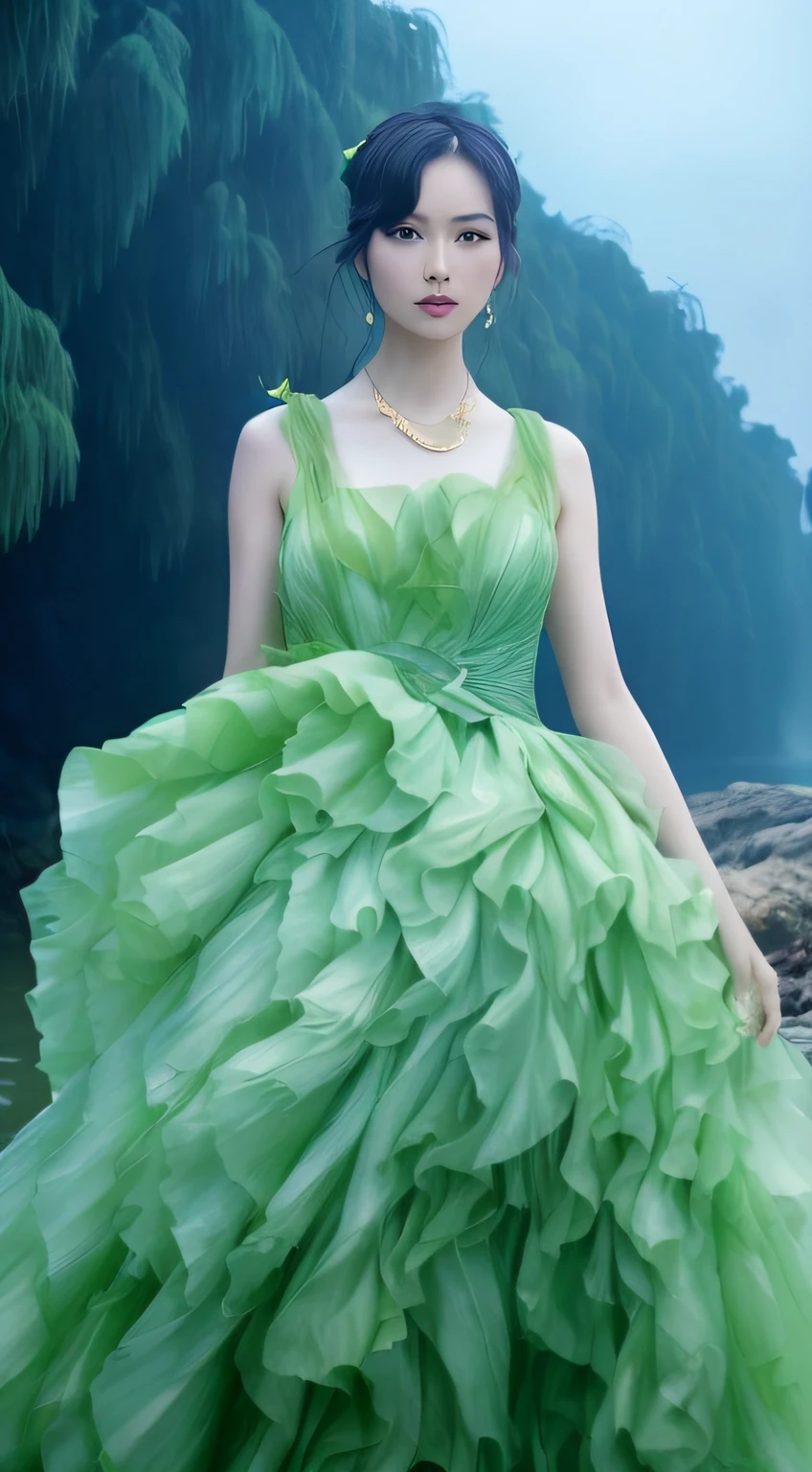 Araki woman in green dress standing on a rock, Green dress, wearing a dress made of water, wearing a dress made of vines, Zhang Jingna, taylor swift with green dress, queen of the sea mu yanling, dress made of green leaves, Fan Bingbing, Inspired by Tang Yifen, emma watson as sea mermaid, green ocean, floating dress