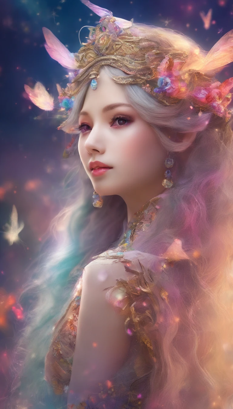 Goddess of dreams,Multi-colored hair,Chinese face,delicated face,rosto magro,Bokeh background,dream magical,on focus,tmasterpiece