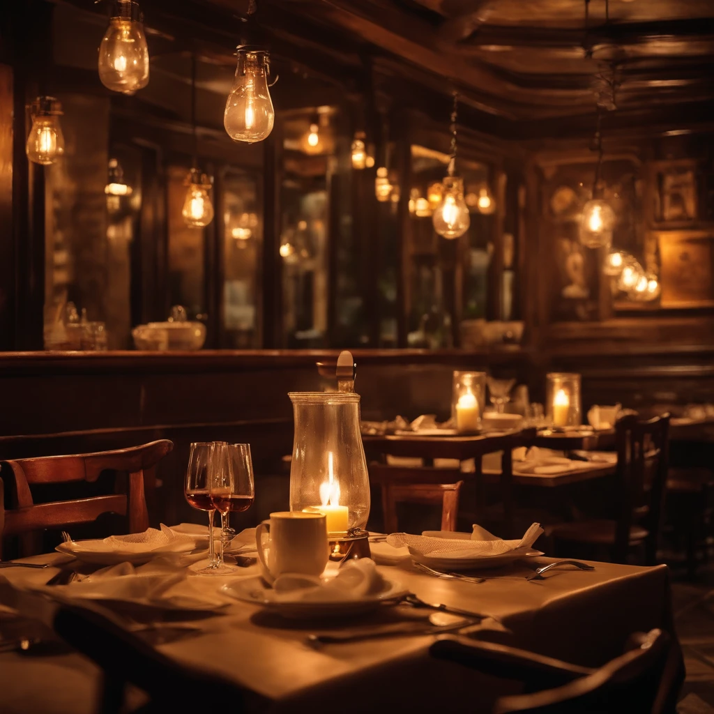 Inside the restaurant,Midnight dinner, Dimly lit scene, Cozy atmosphere, Delicious aroma, Steam rises from the food, The sizzle of fried food on the grill, Greasy and tasty dishes, Comfortable warmth, Nostalgic décor, Shabby wooden table, Mismatched chairs, A worn-out apron on the chef,A satisfied smile, Unique menu items, Handwritten special price board, A casual dining experience, Vintage cash registers, Vintage cutlery, Antique teacup, Flashing candlelight, Magical late night atmosphere, Mouth-watering dishes。(Best quality, Ultra-fine painting, Realistic, cozily, Warm tones, Soft lighting)