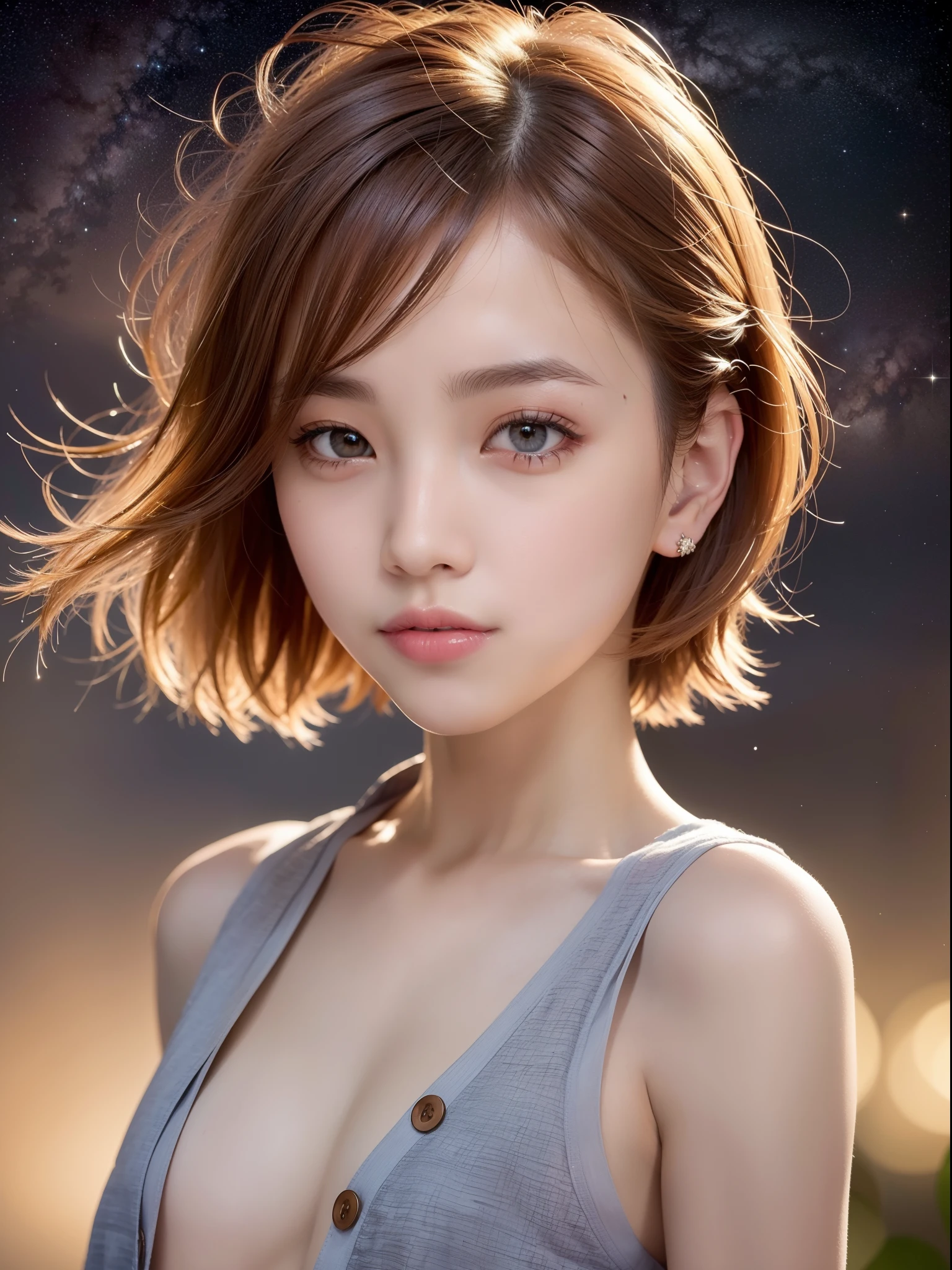 ((of the highest quality, 8K, masutepiece: 1.3, Raw photo)), Sharp Focus: 1.2, (1 AESPA Girl :1.1), Solo, (Realistic, Photorealistic: 1.37), (Face Focus: 1.1), Cute face, hyperdetailed face, (short messy hair: 1.2), Small Smile, Small breasts, flat chest, nude, (taking off her chiffon button down shirt, chiffon panites: 1.2), Thigh, looking away, starry sky