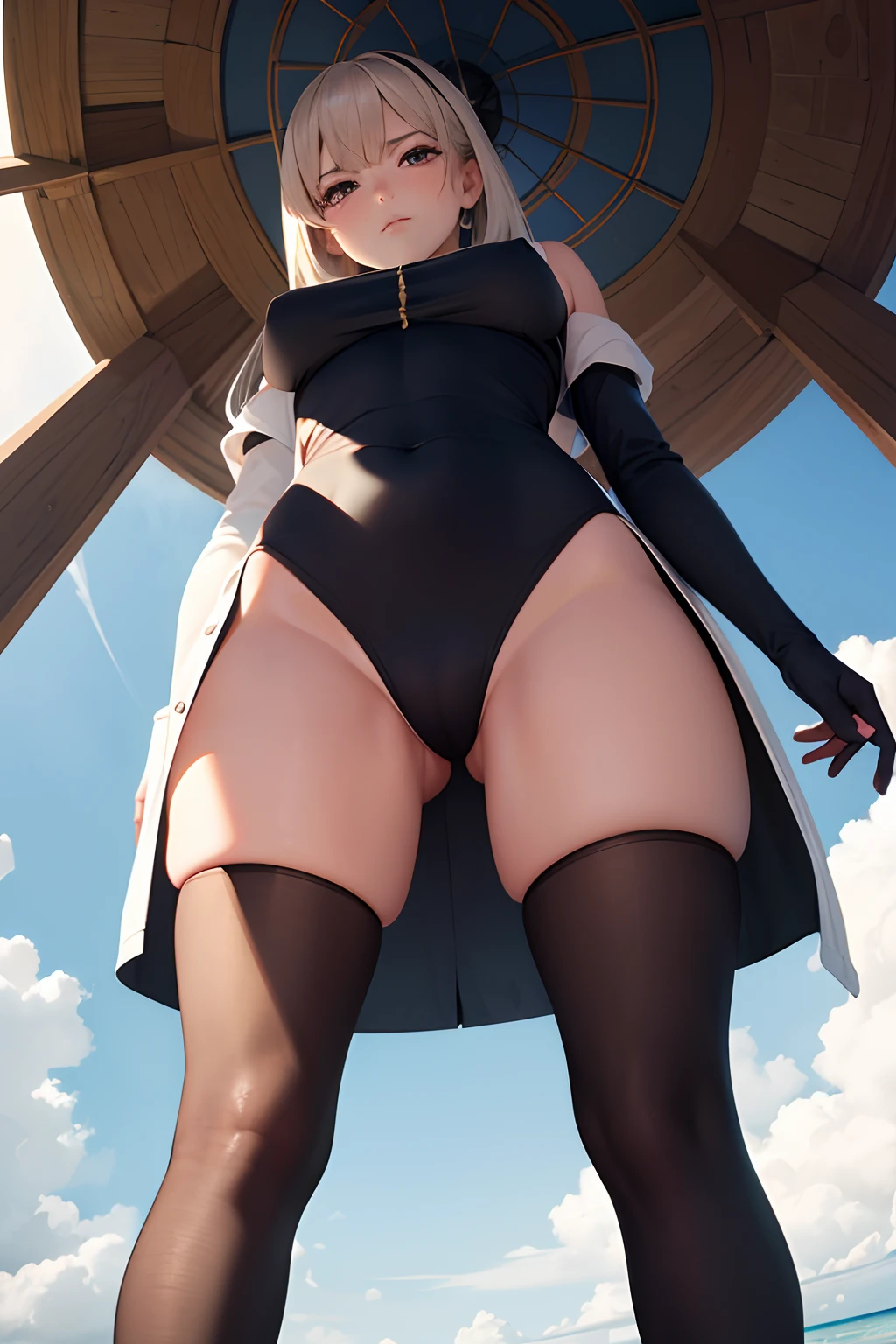 (The perspective is from below:1,5),1girll,full bodyesbian,huge tit,long leges,unhappy