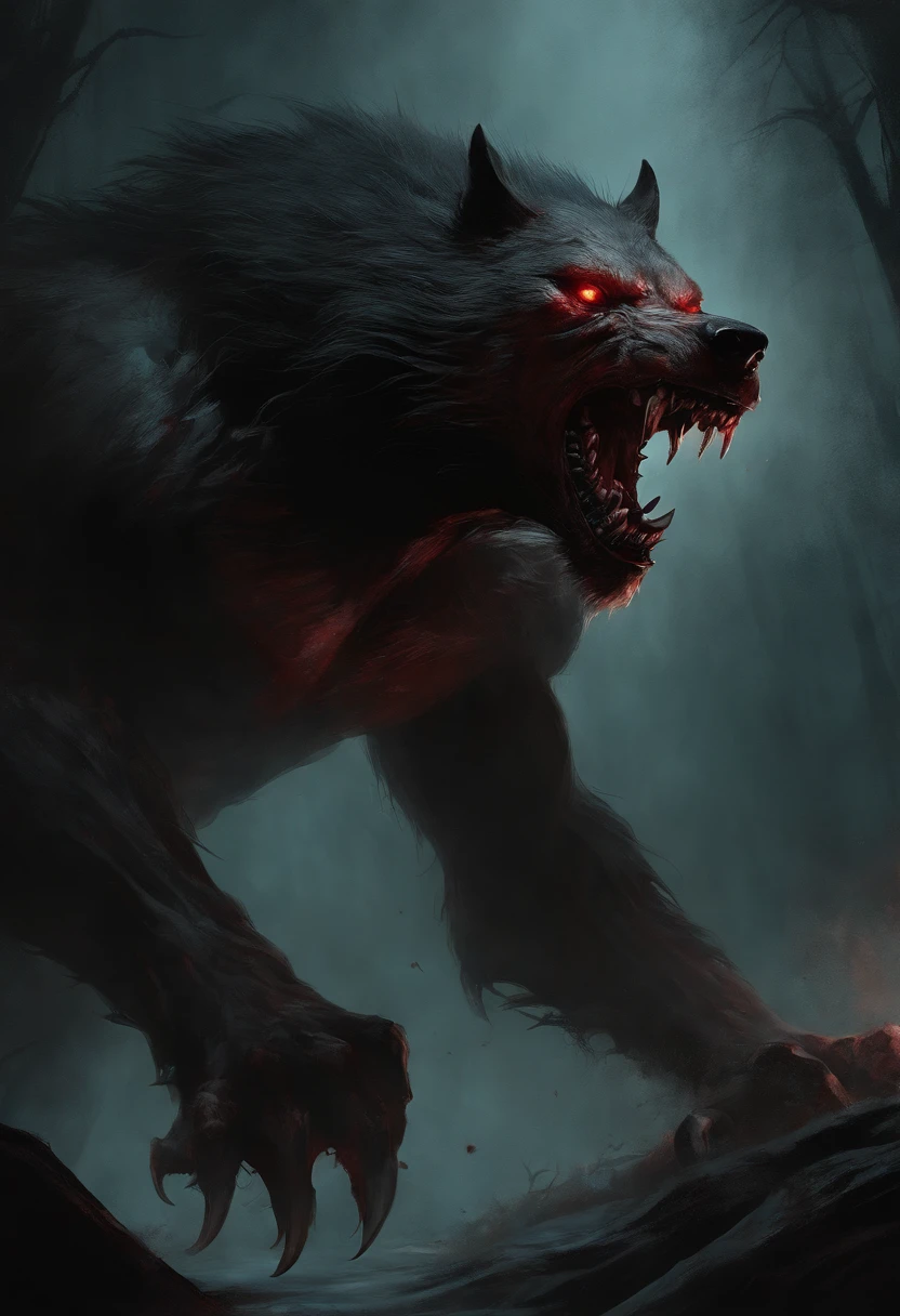 A painting of a werewolf creature with a bloodied fangs, carnage, Sci - Horror Art of Fiction, Science fiction horror artwork, inspired by Aleksi Briclot, wolf, de carnage, Horror fantasy art, par Aleksi Briclot, Horror concept art, venin, Art fantastique et horreur, Detailed illustration of 4K horror, beast creature, Dark Horror Art