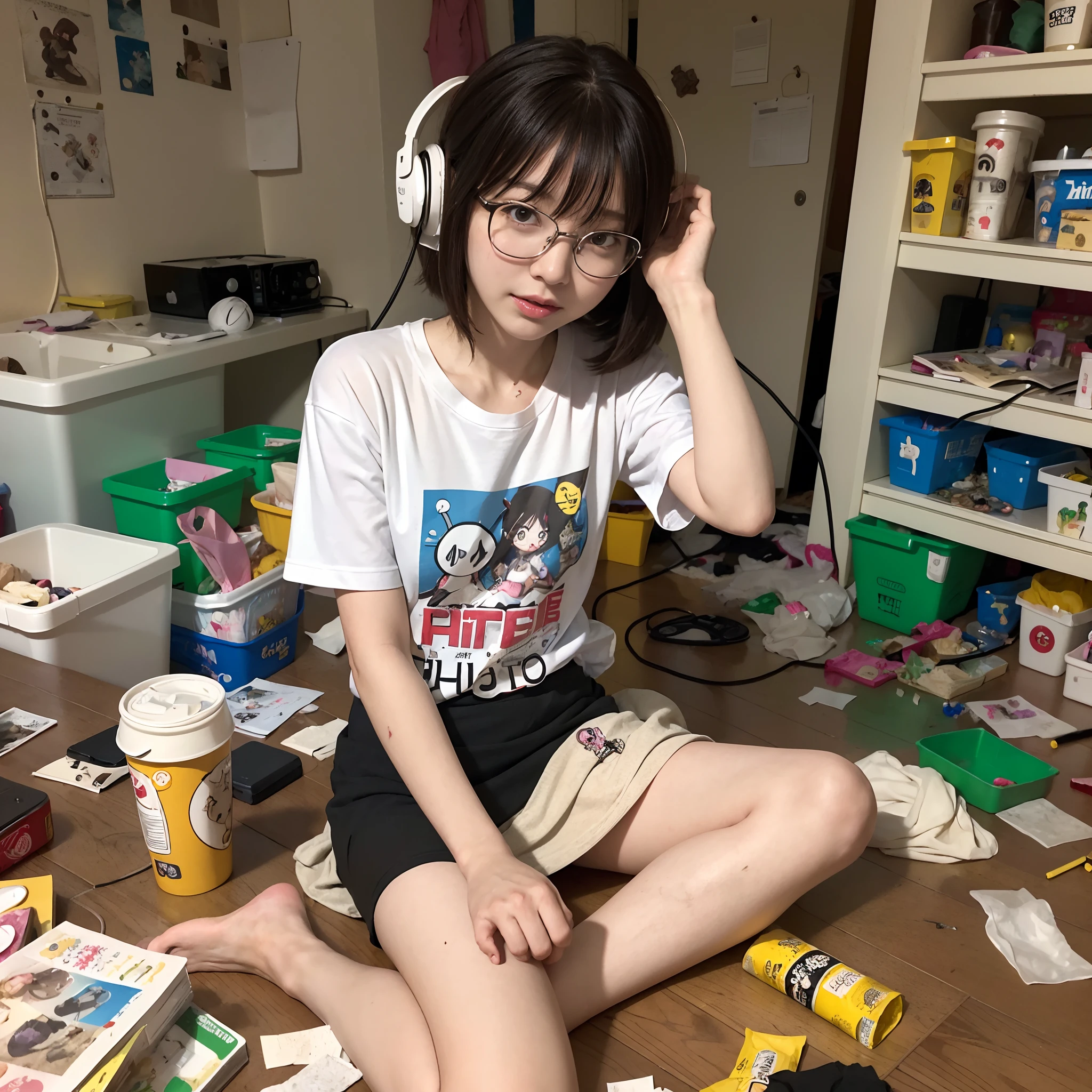 (8K、Raw photography、Top image quality、masterpiece、:1.2)、(realisitic、Photorealsitic:1.37)、1人、独奏、(Sitting on the garbage in an incredibly dirty room、Cute Japan girl operating smartphone:1.4)、Anime Otaku Girls、A dark-haired、short-hair、dishevled hair、Unkempt hair、bangss、Happy expression on face、Small bust、Wearing glasses、Anime Character Print T-Shirt、a miniskirt、head phone、Sitting on the floor、Agra、Room full of garbage、Garbage with rolled tissue、Surrounded by mountains of cartoons、Lots of anime character figures are on display.、Anime poster on the wall、Potato chips on the desk、Spilled potato chips、Roll Energy Drink、Scattering of food waste、Messy room、Underwear left undressed on the floor、超A high resolution、physically-based renderingt、cinematlic lighting、dynamic ungle