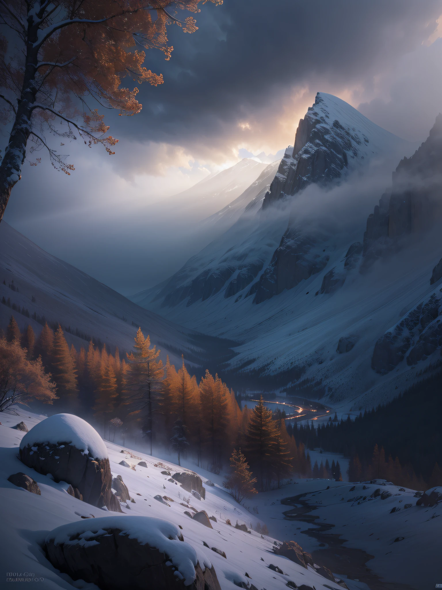 (best quality,4k,8k,highres,masterpiece:1.2),ultra-detailed,realistic,photorealistic:1.37, HDR,UHD,studio lighting,extreme detail description,vivid colors,bokeh, landscapes,epic,dramatic,atmospheric,majestic, ethereal, snowy mountains, mist, snowflakes, atmospheric conditions, snowstorm, people in the mountains, serenity, glowing light rays,storm