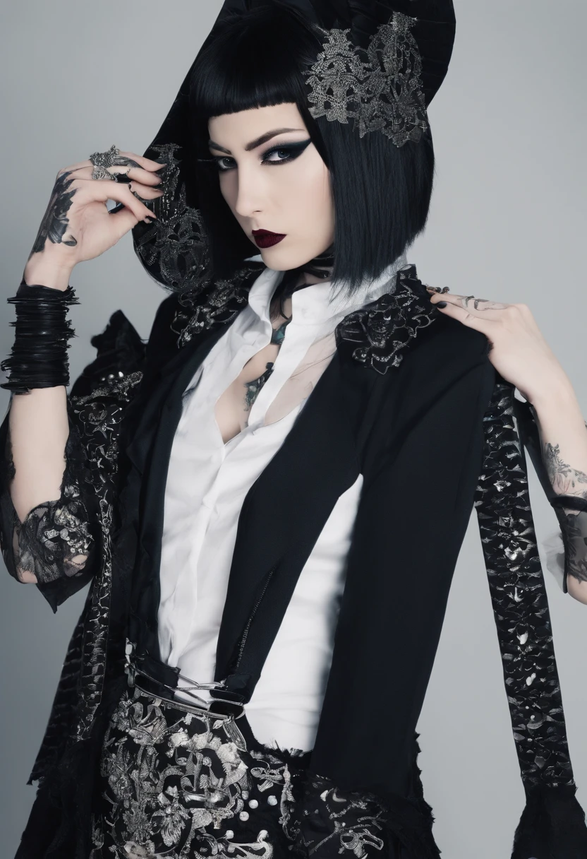 raditional japanese emo geisha skinhead, hairgoth, emo goth spikey fashion shoot editorial style, Hypebeast ultra fast fashion gang signs with goth emo accessories