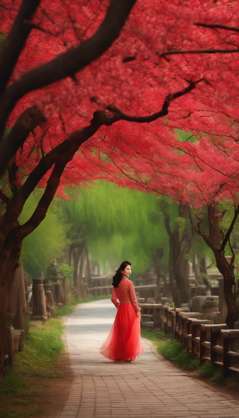 The east wind lifted the spring coat, And walk in search of the scent and return. Red mirror peach blossom smile, Green trees and willows fly together. Wandering winding trails poor vanilla, Melancholy Jolin Hanging Luo Hui. Remember where you are now, Concubine Chai is on the west side of the restaurant. Traditional Chinese painting