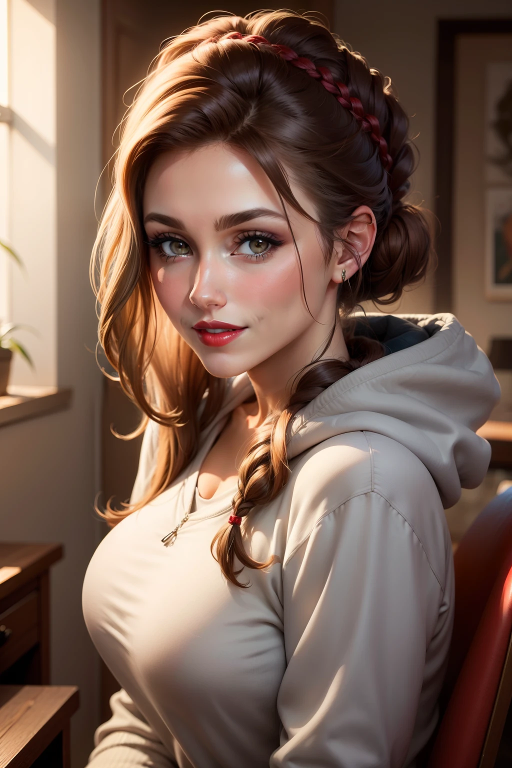 Lucy Pinder, portrait, face portrait, red lips, smiling, voluptuous, straight hair, brown hair, hair tied in a chignon, braid in hair, gray sweatshirt, hood, jeans.