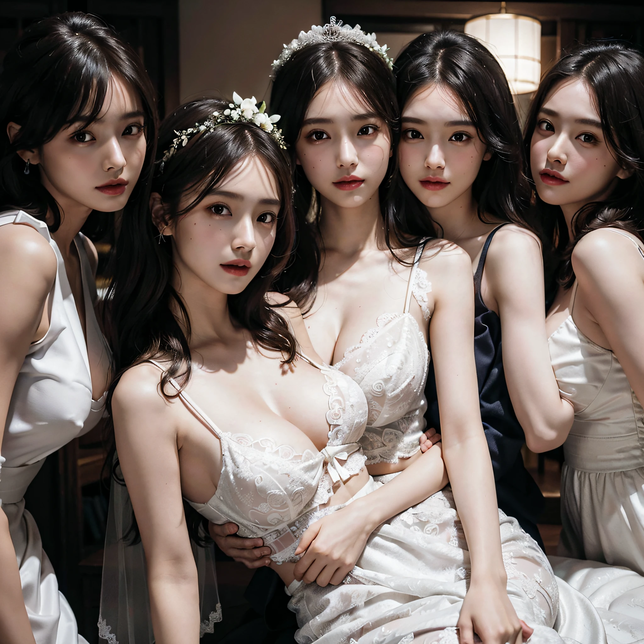 absurdres, RAW photo, extremely delicate and beautiful, masterpiece, Best Quality, ultra high resolution, 16k, hyperrealistic, ultra-detailed, Very detailed CG 8k wallpaper, Beautiful Lighting, Perfect Lightning, Realistic Shadows, perfect anatomy, super Detailed skin, perfect figure, Japanese woman, late 20s, very Slim body, narrow waist, very small head, handsome detailed woman, very detailed eyes and face, realistic face proportions, Stunning detailed eyes, Realistic beautiful face, very small face, Realistic small beautiful eyes, double eyelids, makeup, tearful mole, mole on chest, earring, bare legs, beautiful and very thin legs, beautiful and very thin thighs, (((very huge round breasts))), (((full body shot))), ((short hair)), wavy hair, (((wedding dress))), midriff peek, (sleeveless), (((yuri))), (((((3 girls))))), (hug),