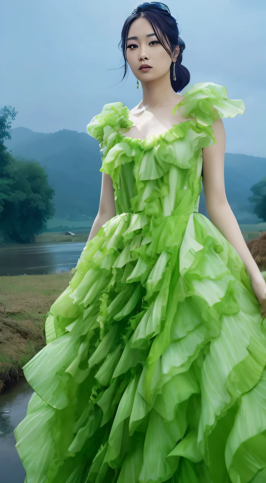Araki woman in green dress standing by the water, dress made of green leaves, wearing a dress made of vines, Green dress, floating dress, wearing a dress made of water, dress of leaves, dreamy dress, dress made of leaves, wearing flowing dress, tattered green dress, Green clothes, wearing a neon green dress