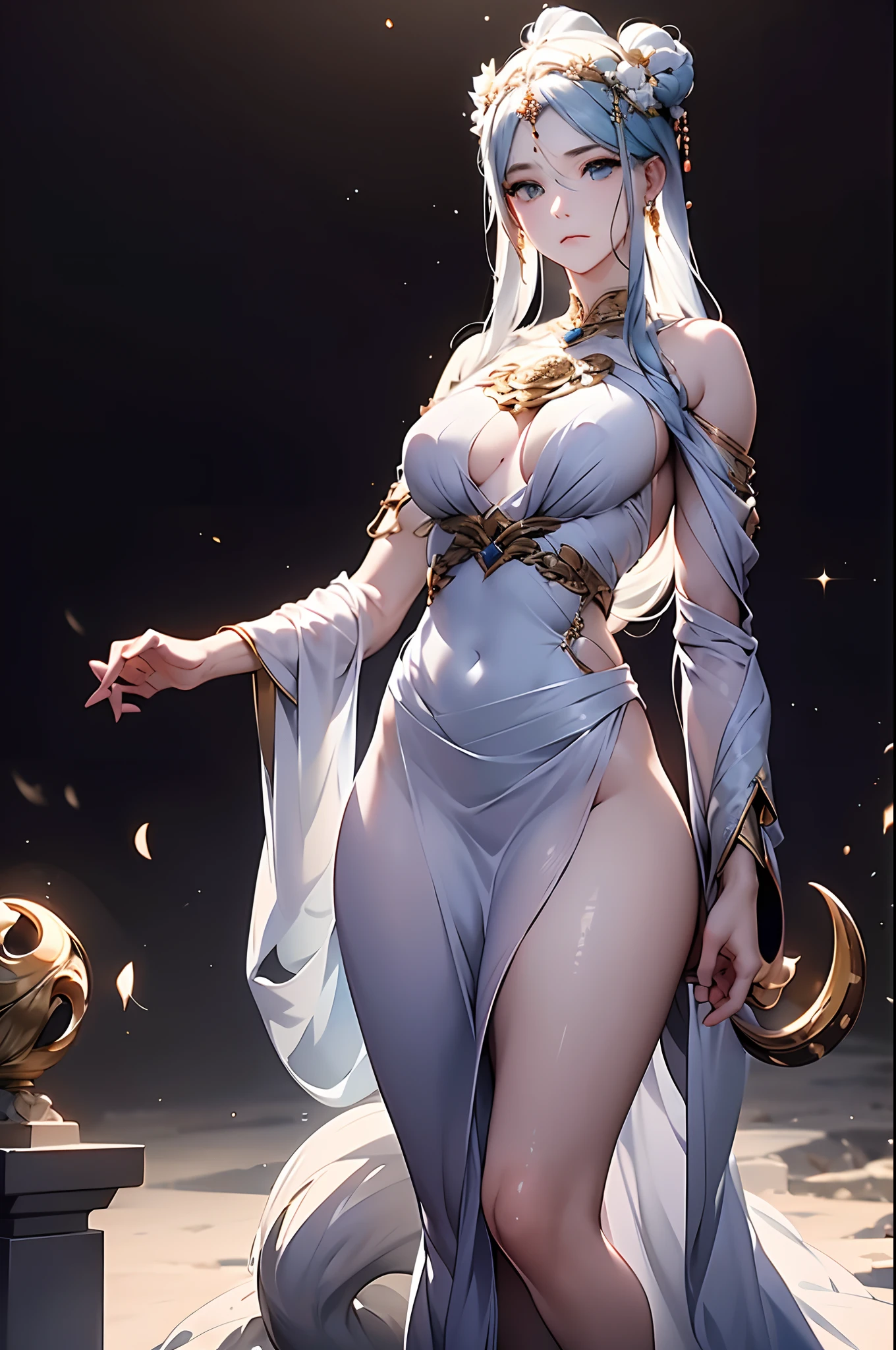 Marble statue of the goddess of the moon、silber hair、white robes、Stand on a pedestal、Simple stone pedestal、Eye level、A detailed face、angry expressions、masterpiece、spot light、Detailed shading、highcontrast、top-quality、Top image quality