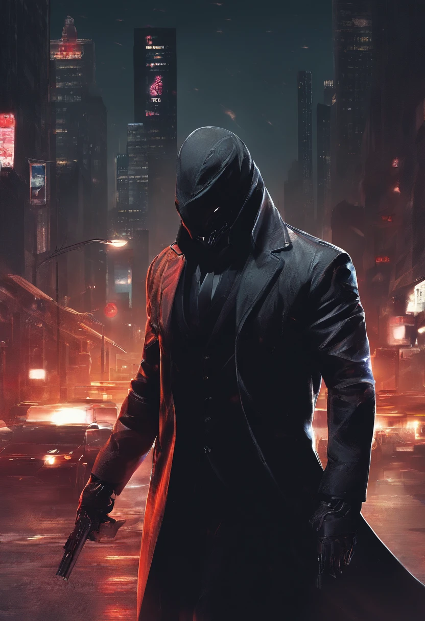 (best quality, 4k, highres, masterpiece:1.2), (realistic:1.37), ultra-detailed, a black masked man unmasking and revealing his face, Assasin, Assasin in black suit, in a road, at night, surrounded by vehicles with head lights , , black suits  single man,Outdoor scene