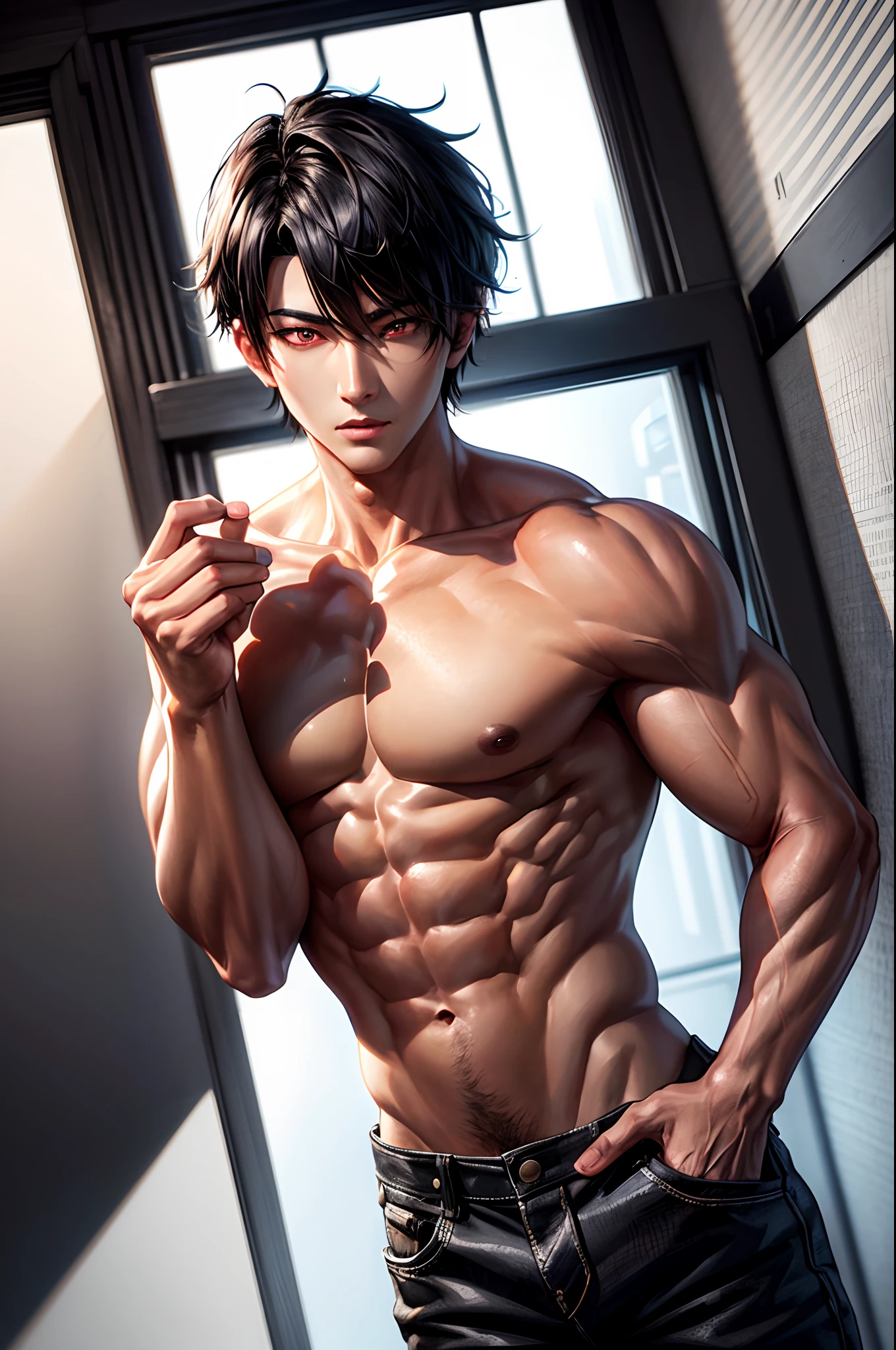 1male, handsome boy, body length 180 cm, (black short hair, Korean hairstyle), ((red eyes)), (beautiful and sharp eyes), ((muscles)), ((without shirt)), ((Half naked body)), semi-naked, He wears pants without a shirt, Naked in the upper half of the body, (bedroom wallpaper), ((sexy body)), (sexy face), handsome man, 8k, high quilty, realistic, beautiful realistic, Cool details, raw photo, realistic eyes, black hair, realistic hair, realistic eyes, red eyes, realistic body, and cool lighting, photo realistic, Cel shaded, Gel lighting, ultra details
