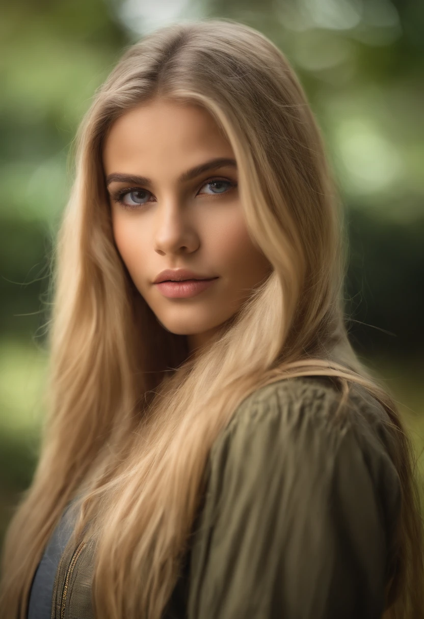 1girl, sozinho, rosto, retrato, cabelos longos, rabo de cavalo, blonde hair, olhos verdes, seios grandes, (jaqueta de couro preta:1.2) , clivagem,  escola, Corar, Looking at the Viewer,