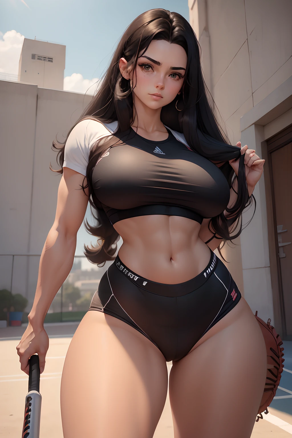 ((SFW))Similar drawings by John Buscema,a 1girl,hairlong, fluttering in the wind, black  hair, The Eyes of Negross, Physical education tutor at the university, super realistic, Average Breasts, Sticky and sweaty clothes, sensual look, Sexy, 4k resolution, Kameltoe Lots, A lot of camel finger, Higher meaning, black  hair, sports clothing((фуфайка)), holding a baseball bat in his hands,She's standing, Imposing and graceful woman short sports top, nipples shine through
