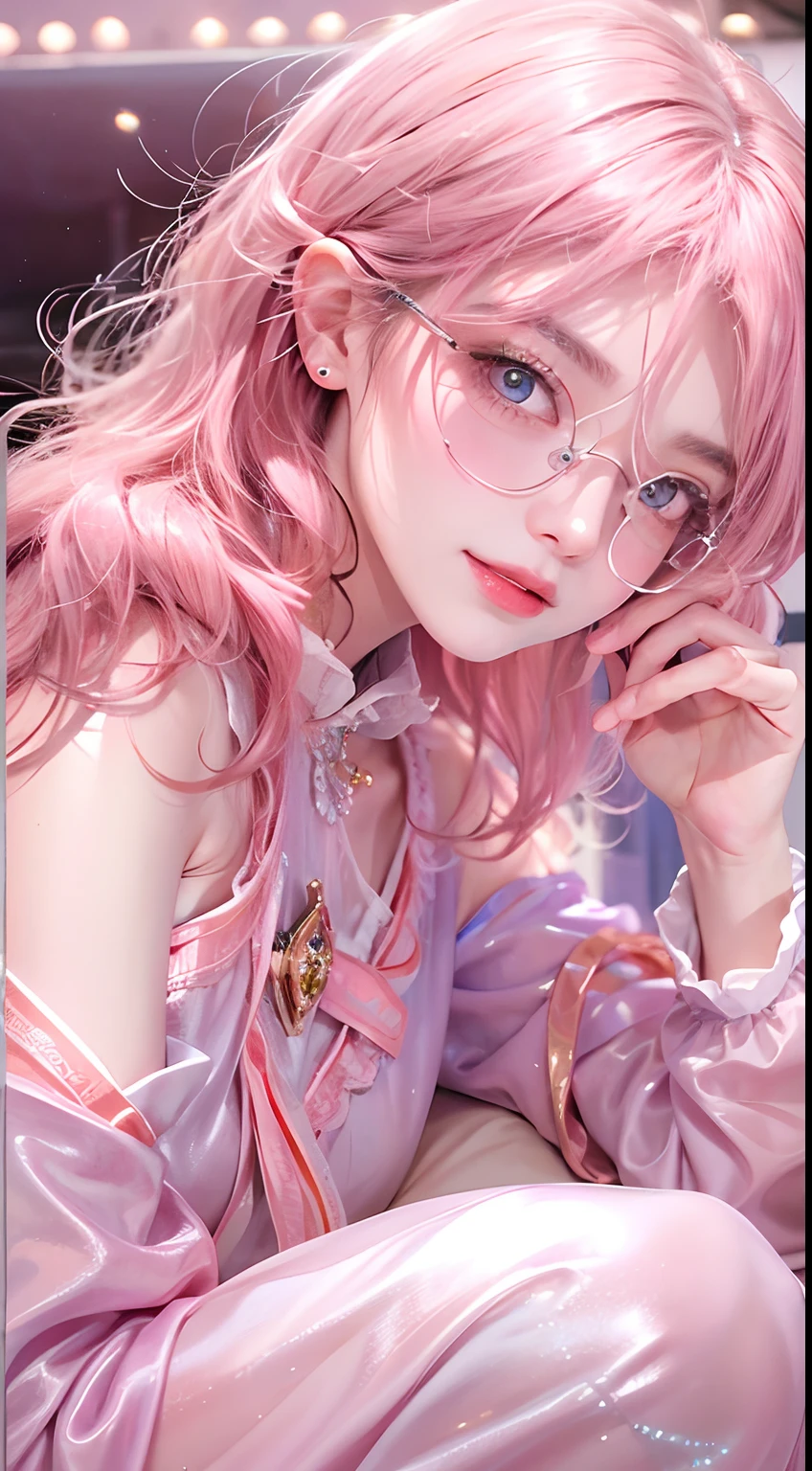 1girll,(Captivating quality:1.4),(True textured skins of the highest quality), Delicate face,Pink twin-tailed hair, Gradient Hair, petite body,(perfect bodies:1.1), There is a jewel on the forehead, rimless eyewear, PUPILS SPARKLING,long eyelasher,grin, hyperphotorealism, Cinematic lighting, projected inset, surrealism, hyper HD, masutepiece, 16 K,Lie down,Dream On,Please wear clear silk pajamas,Carmelto,legs slightly open,tattooed,Fantasy space,Luxurious space