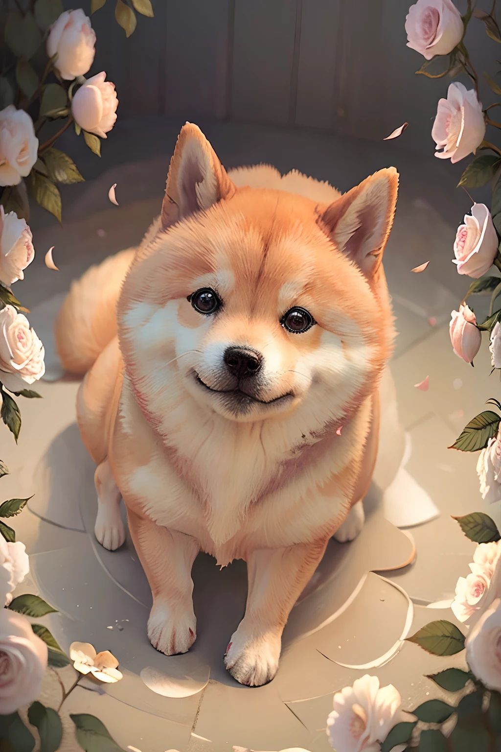 photo real, baby dog, cute, Shiba Inu, fluffy, surrounded by ethereal roses, risos, melhor qualidade, alta resolução, detalhes intrincados, fantasia, animais bonitos, Esquerda, humorous.