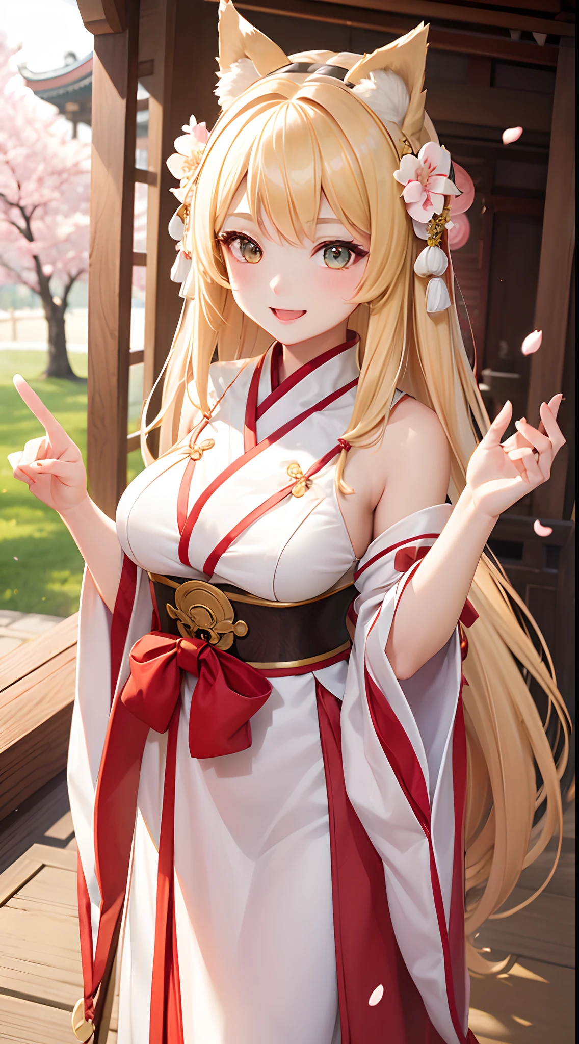 1 girl, Hanfu, temple, look closer, cherry blossom, long blonde hair, green colour eyes, smiling, cute reaction, beautiful, pale skin, perfect body figure, b cup size breast 1:3, cute , wolf ears
