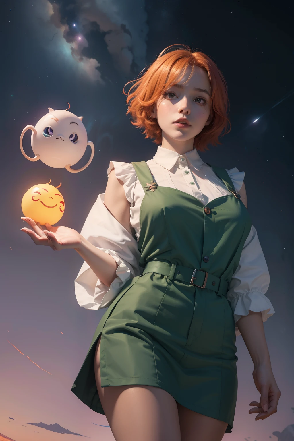 concept art, overhead angle of a Will-o'-the-wisp, wearing Funny Somali Emerald deep orange Pinafore, Caramel hair styled as Short hair, fluorescent purple Hair tie, equirectangular 360, Highres,  [(art by Willi Baumeister:1.1), (art by John T. Biggers:1.2)::17], official art, unity 8k wallpaper, ultra detailed, aesthetic, masterpiece, best quality, photorealistic