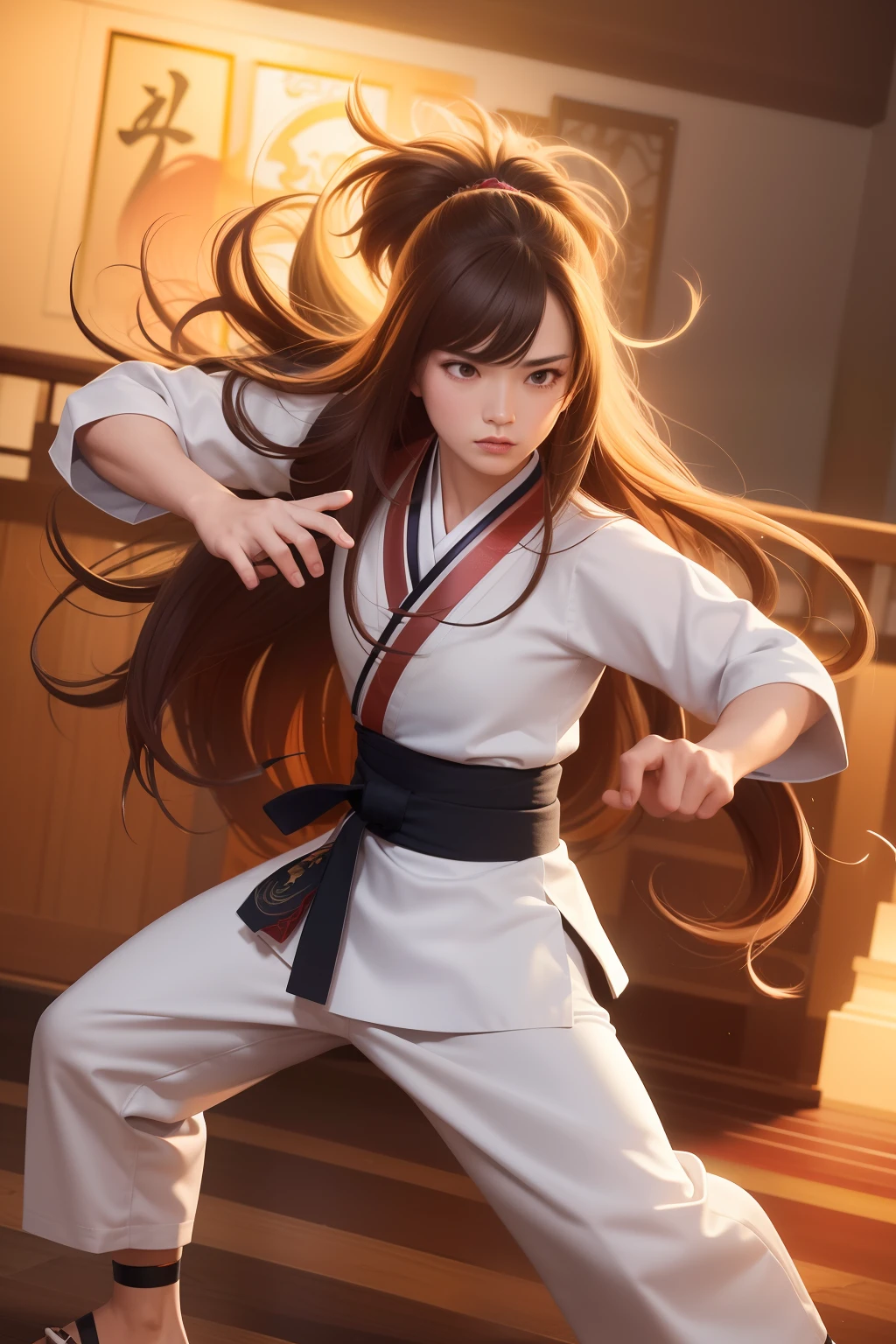 (best quality,high-res,masterpiece:1.2),CG graphic masterpiece, detailed rendering,detailed martial arts kicks,detailed martial arts punches, detailed martial arts stance,taekwondo,traditional attire of a Taoist priest,long-haired girl