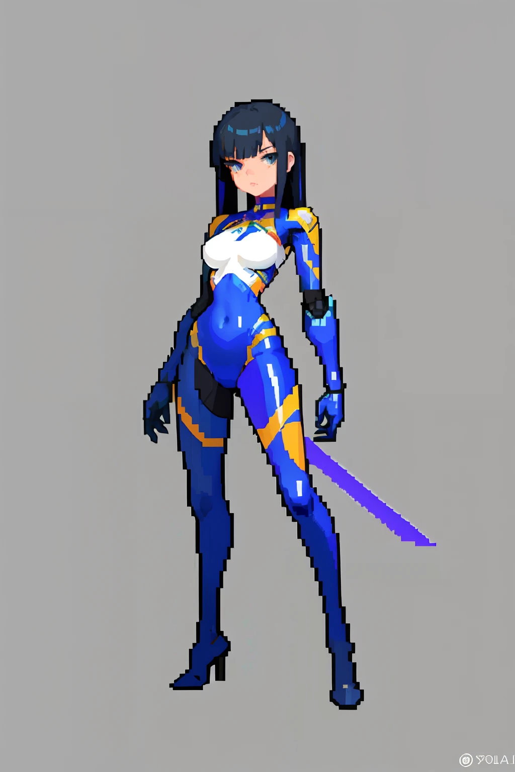 (masterpiece, top quality, best quality), pixel,pixel art,1girl,full body,armorsuit mech,sword wielding,stocking, robot,