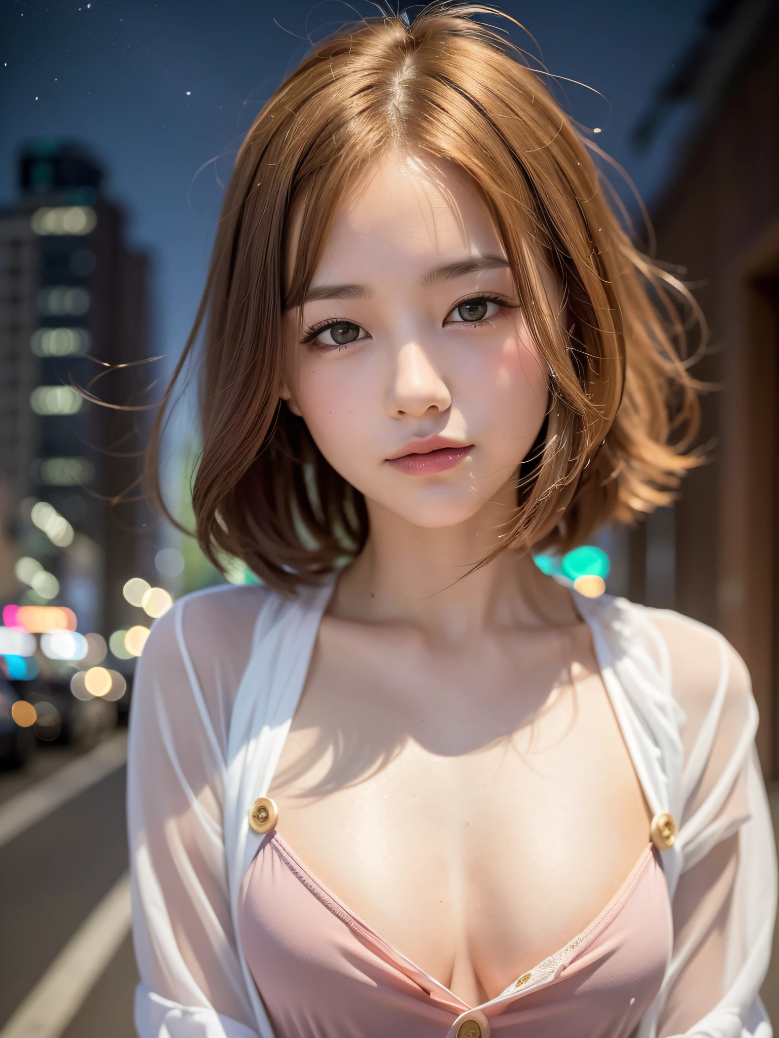 ((of the highest quality, 8K, masutepiece: 1.3, Raw photo)), Sharp Focus: 1.2, (1 AESPA Girl :1.1), Solo, (Realistic, Photorealistic: 1.37), (Face Focus: 1.1), Cute face, hyperdetailed face, (short messy hair: 1.2), Small Smile, Small breasts, flat chest, nude, (taking off her chiffon button down shirt, chiffon panties: 1.2), Thigh, looking away, city, starry sky