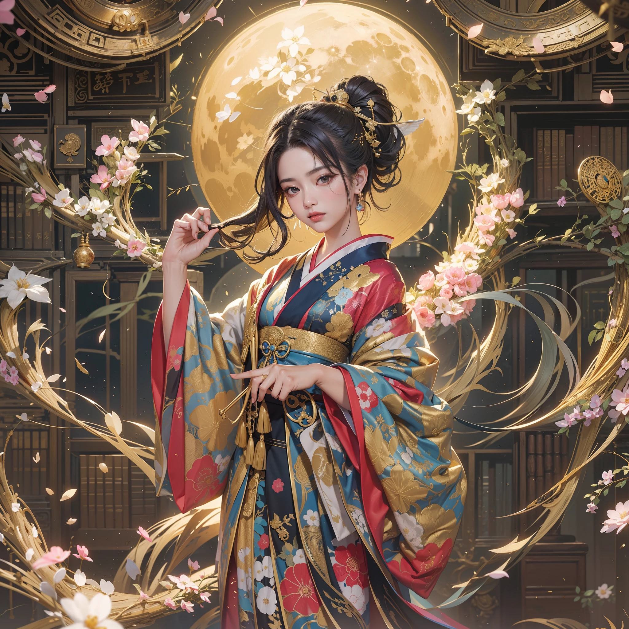 a moon、Detailed background((ancient city:1.2),细致背景)、Elegant backgrounds,Zen entanglement, mandalas, Tangled, Tangled,glossy dark hair,poneyTail,Lots of bouquets in hand, BREAK,elaborate costume{Luxury kimono(Colorful kimono(Detailed golden embroidery,))}、Japanese Idol(actress),Depict a beautiful and graceful woman of Japan。Heart in the eye。 Wallpaper 8K, .Blur the background with a sickle,((masutepiece)), ((Best Quality)),{{a portrait photo of}},full body Esbian