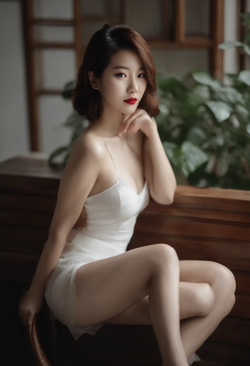 (photographed:1.2)、(Photorealsitic:1.4)、(masterpiece:1.3)、(top-quality:1.4)、超A high resolution、(A detailed eye)、(detailed facial features)、(detailed clothes features)、8K分辨率、solofocus、bangss、Double eyelids、Beautiful lips、toned legs、(Slender girl)、(a japanese girl)、(Japan Faces)、1 girl in、Slim Beauty:1.3、brown haired、Delicate hair、(Colossal tits:1.2)、Daikanyama、Street、Realistic body、de pele branca、glistning skin、Slim body、(short-hair:1.2)、(bangss: 1.2)、Bruises and ugly face、kawaii faces、Lifelike face、Delicate body、thighs thighs thighs thighs、(Detailed Cafe)、Coffee、(Pure white dress)、Looking at the camera、Terrace seating、((sexy pose))、stunning lighting