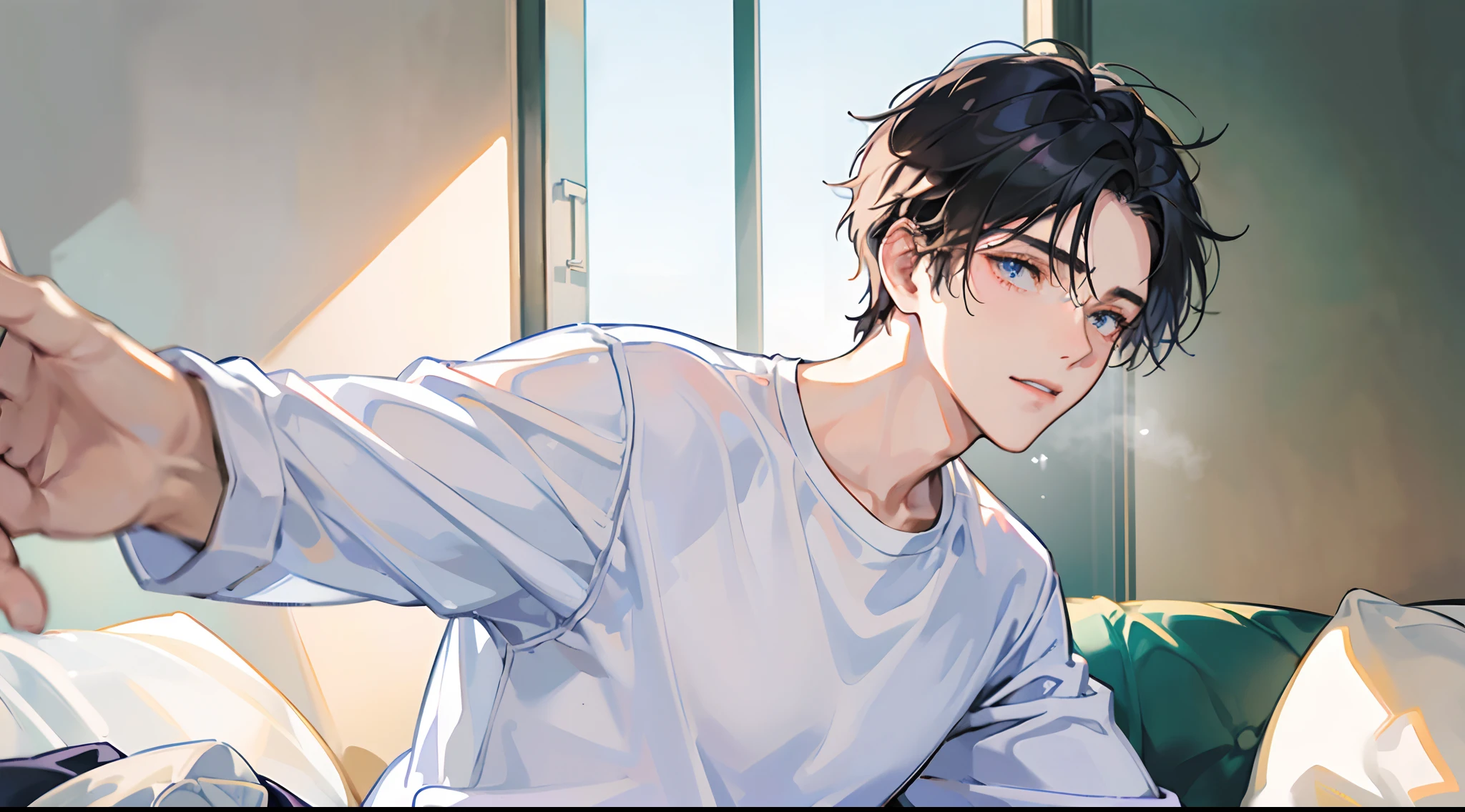 (Man in a white T-shirt 1.4) (Facial pain 1.5) (Sit in the corner of ward 1.4) (Open your eyes 1.3) (Show upper body 1.4),wearing pajamas