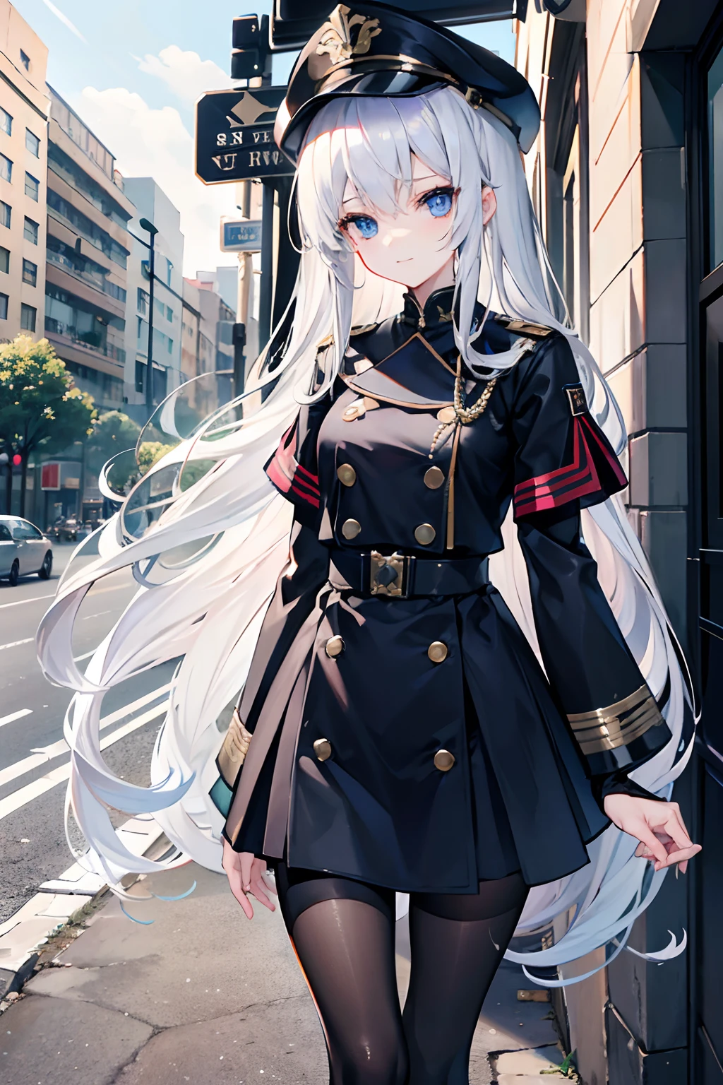masutepiece、top-quality、ultra-detailliert、Unreal、absurderes、One lady、A slender、limbs are thin、cool、white long hair、The girl's hair is much longer than her height、Hair long enough to drag、Blue eyes、Military Uniform、long black skirt、Black tights、black glove、black cloak、I'm wearing a military cap、street corner、Soft and gentle lighting、A slight smil