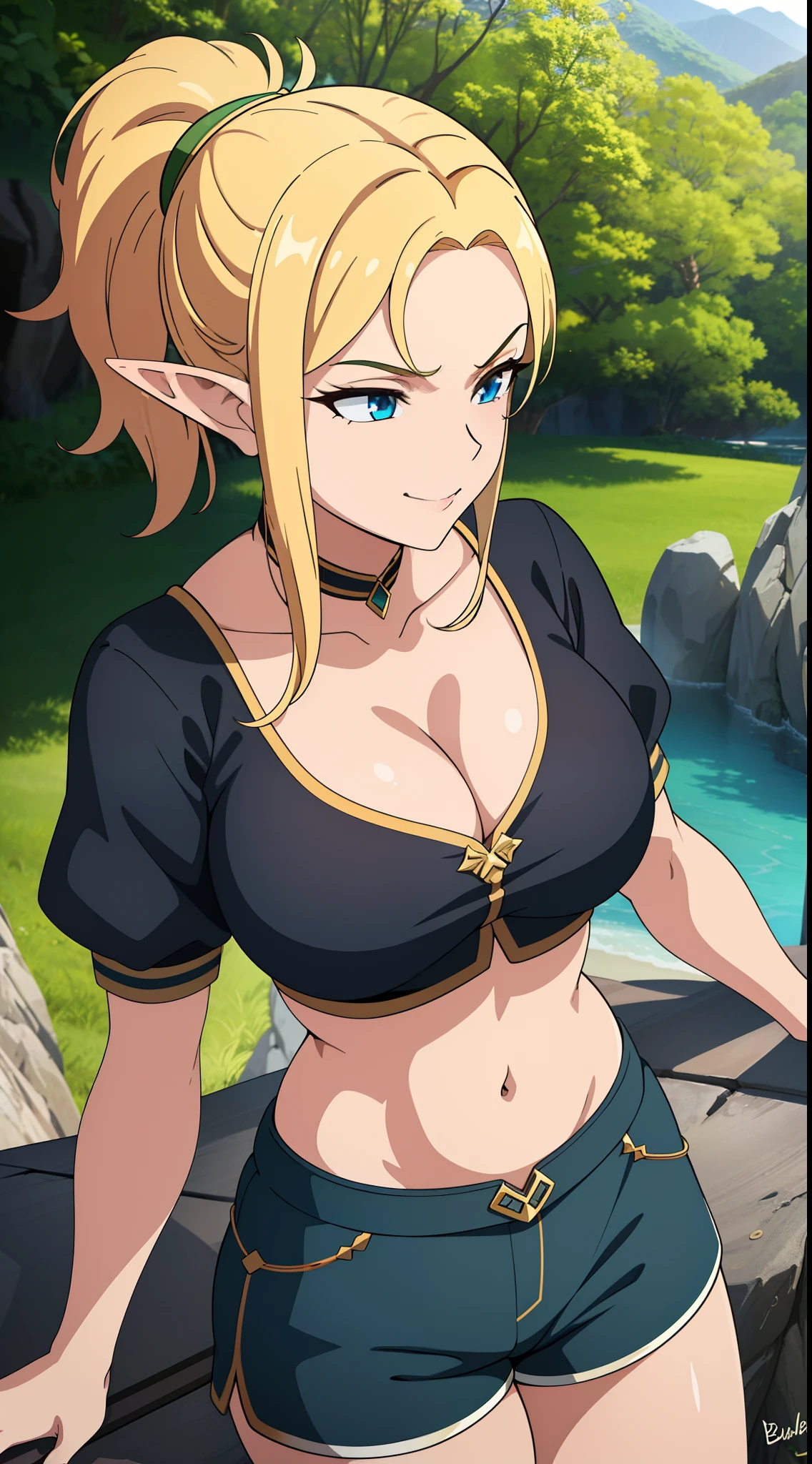 (best quality:1.5, highres, UHD, 4K, detailed lighting, shaders), blonde ponytail, busty, crop top, shorts, cleavage, elf, smug, (pov, close shot), nature background