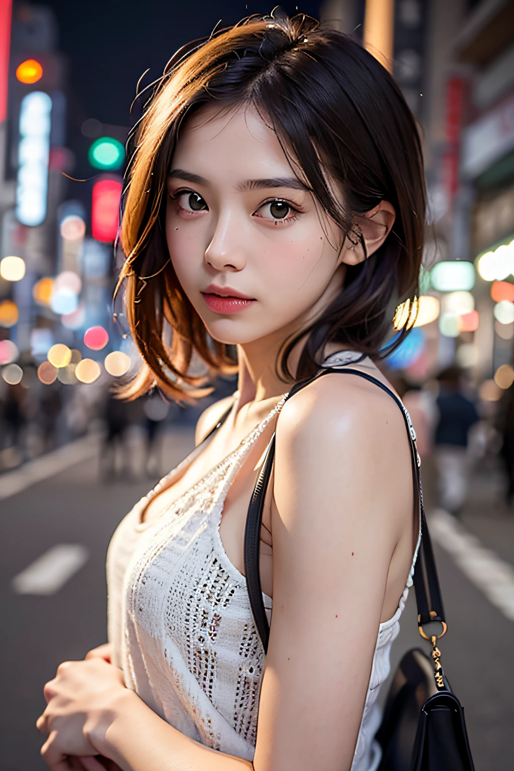(Highest quality, Ultra-high resolution, 8k, RAW Photos, Ultra-high resolution: 1.2, masterpiece: 1.2), (Realistic, Realistic: 1.37), Super detailed, Professional Lighting, Photon Mapping, Radio City, Physically Based Rendering, Japanese, one person&#39;s, alone, Black Hair, cute, Nice, Adorable, A light smile, Normal chest, looking at the camera, Upper Body, Beautiful and detailed blue sky,