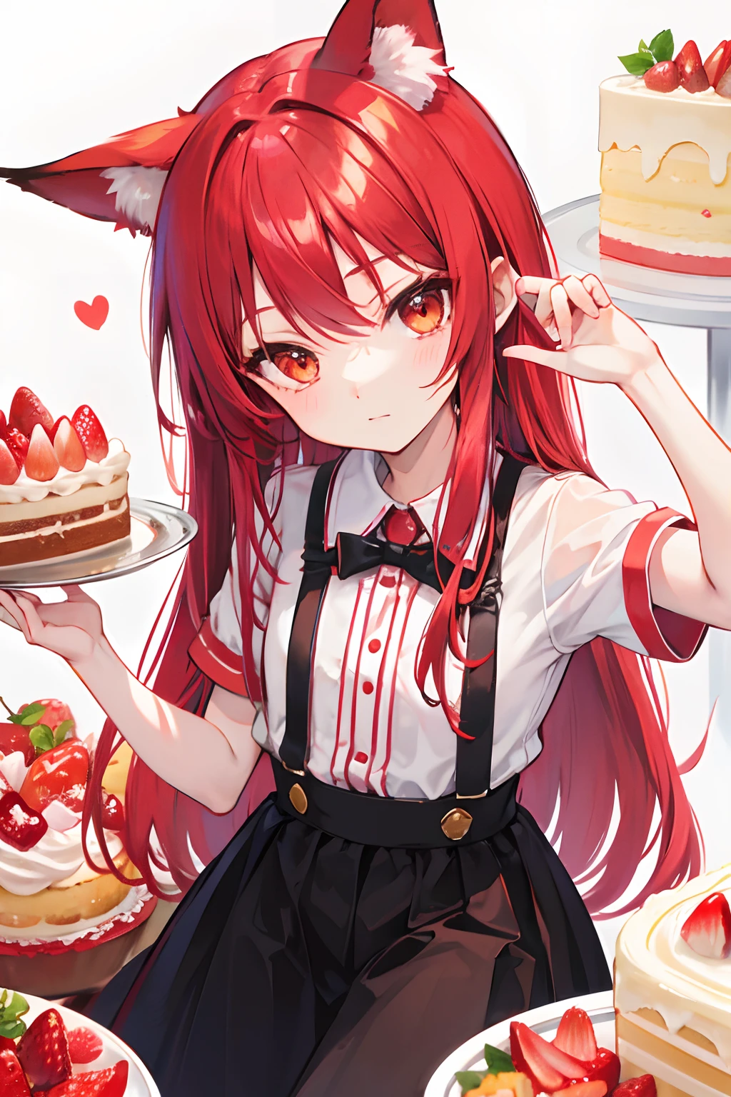 red tinted hair,Red fox ears,Golden eyes,,morango,Strawberry cream cake,Lots of cakes