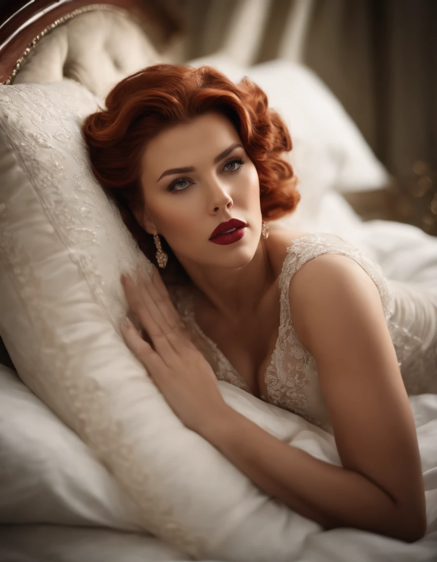 photo of scarlet johansson, beautiful woman hair updo upsweep, red head, laying in bed (spreading legs), (full body:1.3), sexy figure, (big boobs:1.3), (laced stockings),(masterpiece) (best quality) (detailed) (8k) (HDR) (wallpaper) (cinematic lighting) (sharp focus) (intricate)