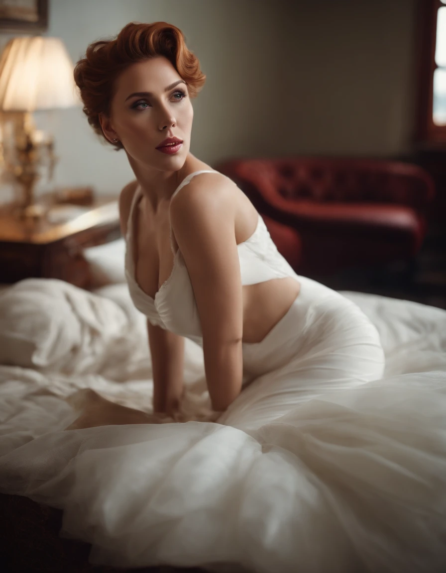 (photo of scarlet Johansson, beautiful woman hair updo upsweep, red head, laying in bed (spreading legs, flashing and pressing boobs), (full body:1.3), sexy figure, (big boobs:1.3), (laced stockings),(masterpiece) (best quality) (detailed) (8k) (HDR) (wallpaper) (cinematic lighting) (sharp focus) (intricate)