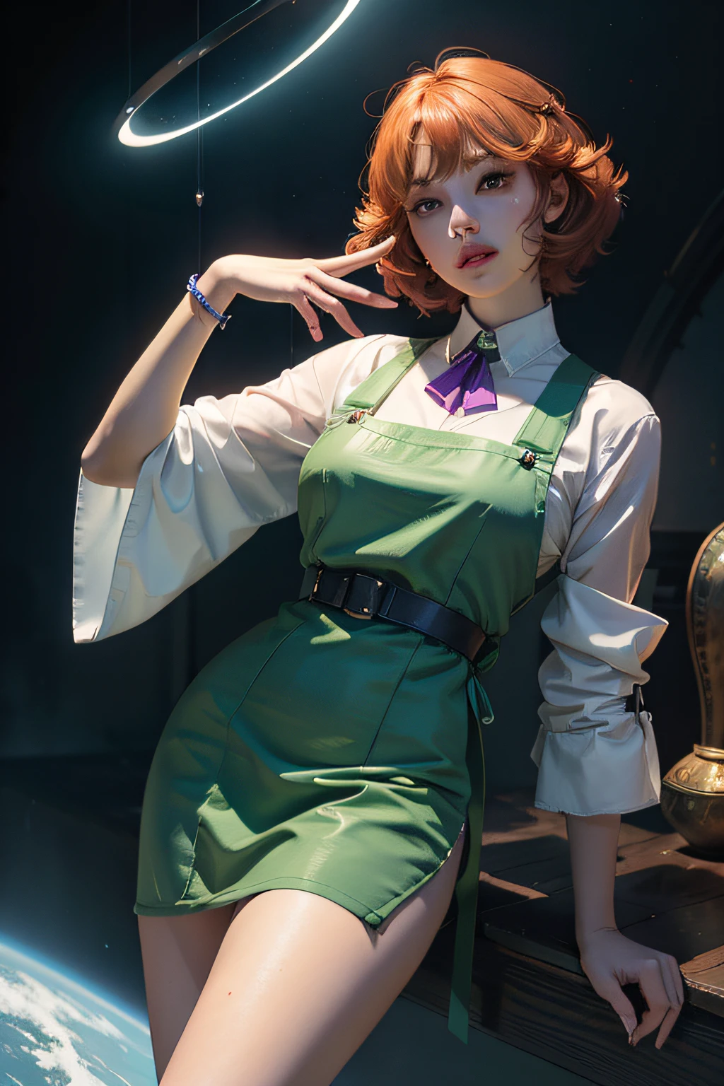 concept art, overhead angle of a Will-o'-the-wisp, wearing Funny Somali Emerald deep orange Pinafore, Caramel hair styled as Short hair, fluorescent purple Hair tie, equirectangular 360, Highres,  [(art by Willi Baumeister:1.1), (art by John T. Biggers:1.2)::17], official art, unity 8k wallpaper, ultra detailed, aesthetic, masterpiece, best quality, photorealistic