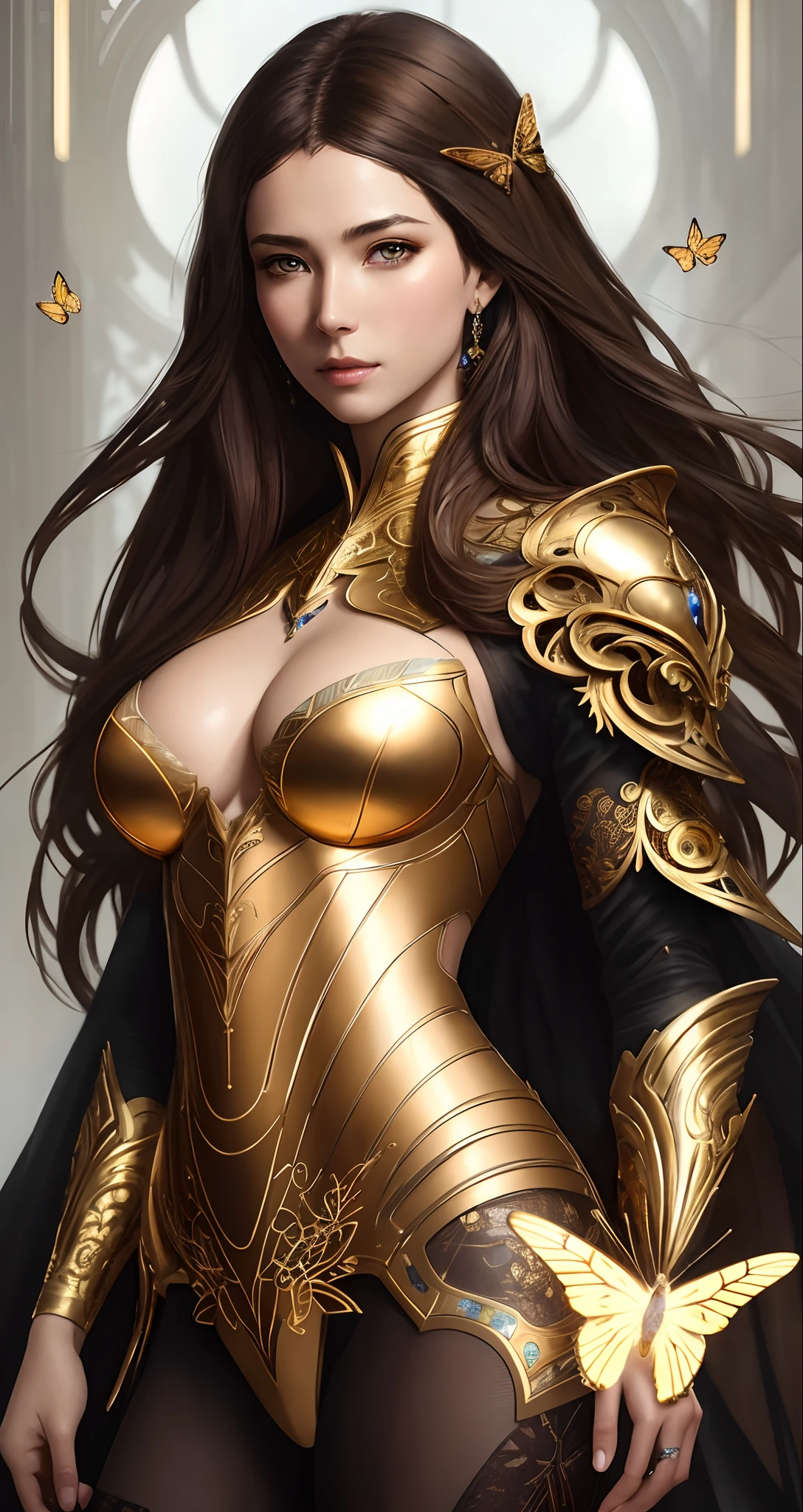 8k portrait of beautiful cyborg with brown hair, intricate, elegant, highly detailed, majestic, digital photography, art by artgerm and ruan jia and greg rutkowski surreal painting gold butterfly filigree, broken glass, (masterpiece, sidelighting, finely detailed beautiful eyes: 1.2), hdr,