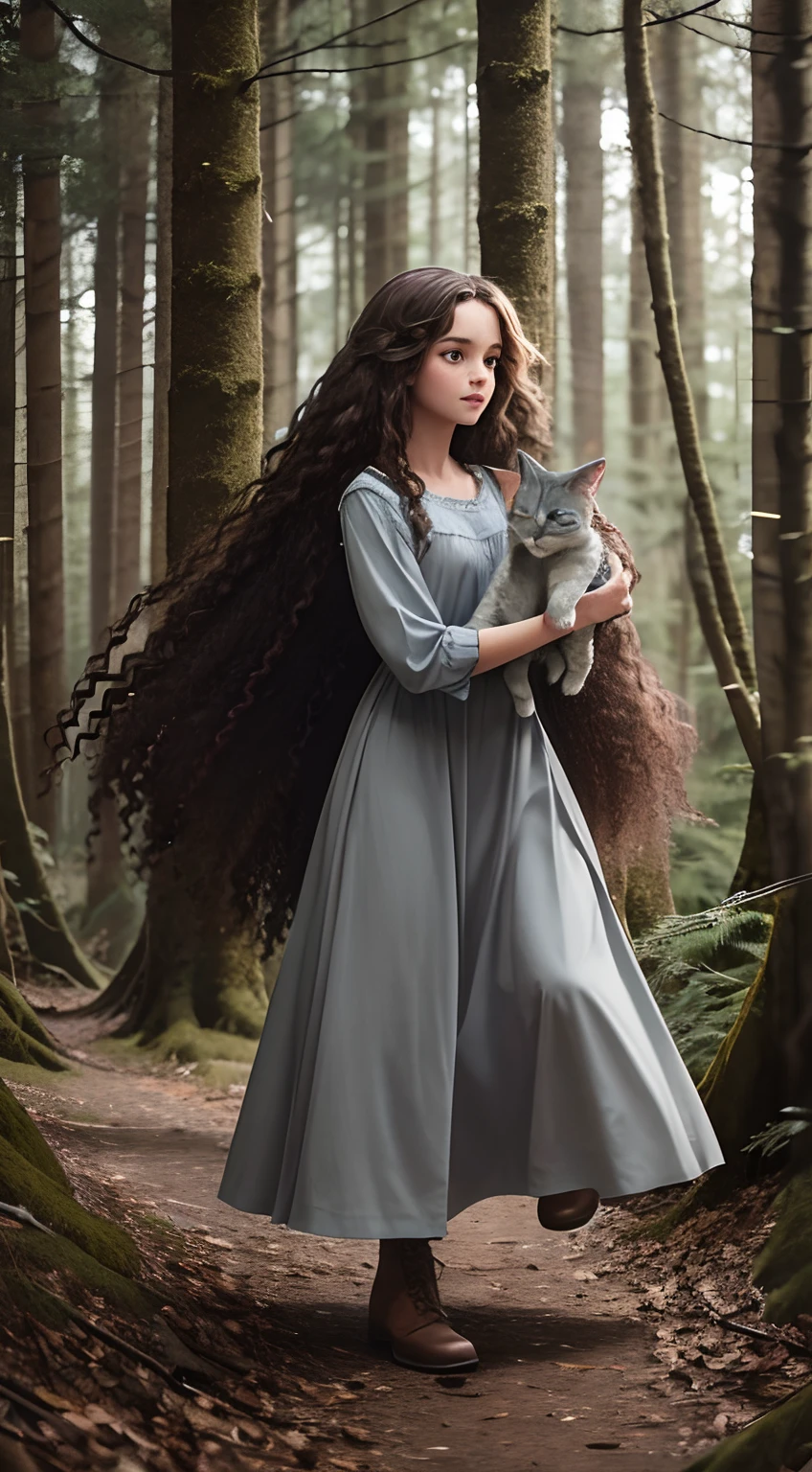 Illustrations of a girl with long curly brown hair with blue eyes, dancing in the woods with his gray fold cat with brown eyes