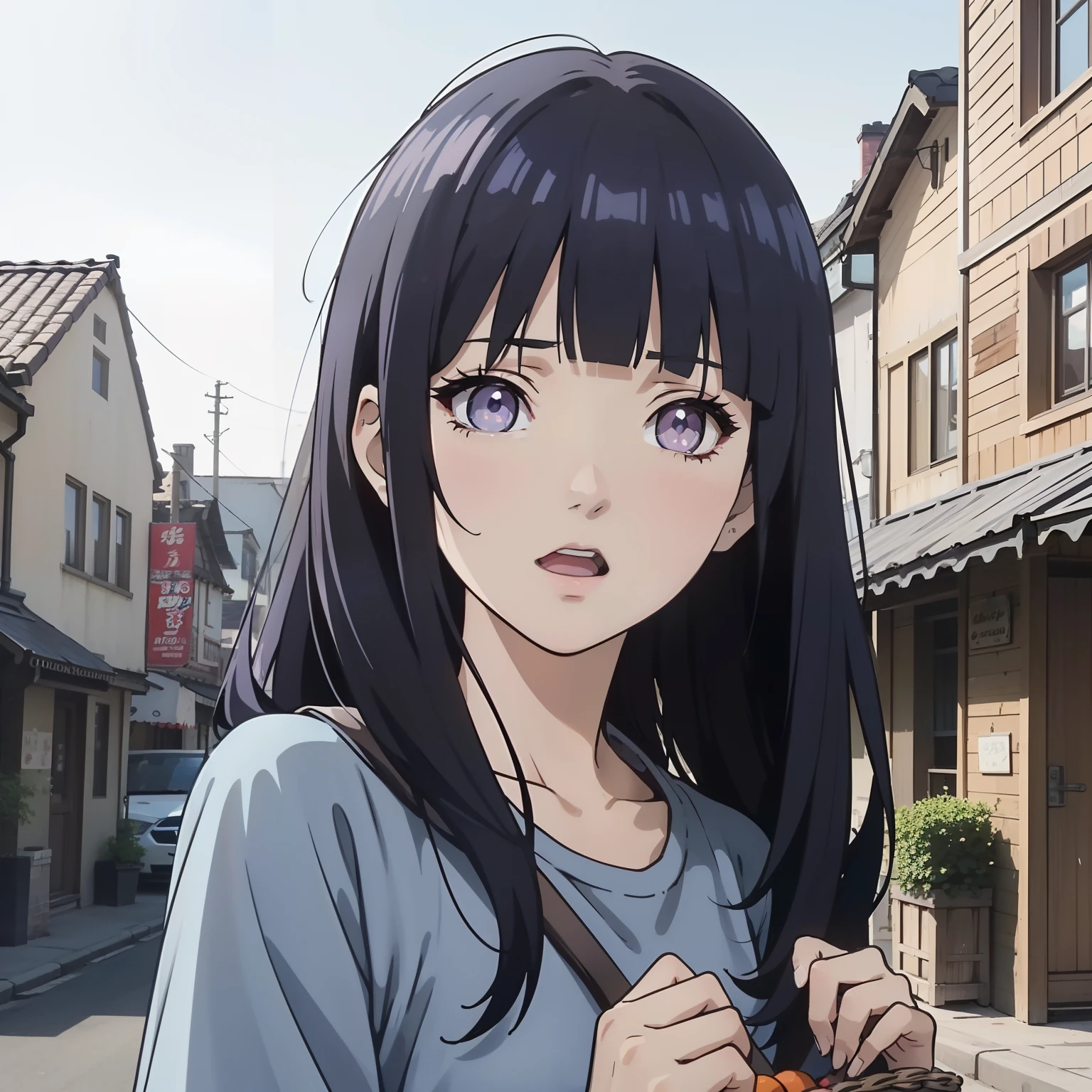 Anime girl with long black hair and blue eyes holding a bag - SeaArt AI