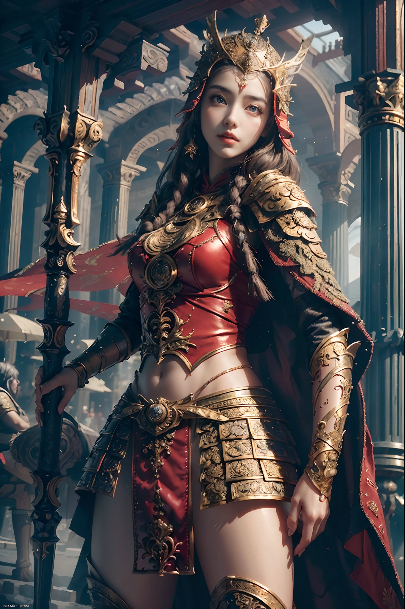 (1 woman, alone, god, very long red hair, detailed dress, In the background there is a giant palace with gold details, malenia blade of miquella), (Surrealism, depth of field, cinematic lighting, ray tracing, 85mm, dramatic pose, dramatic photo, complex background), (masterpiece, textured skin, super detail, award winning, best quality, 16k, HDR),