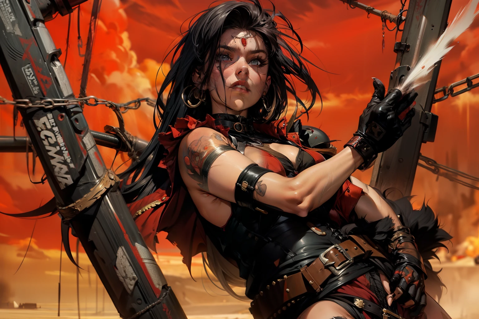 Post-apocalyptic female warrior (Ohwx woman) in Simon Bisley style for the cover of Heavy Metal magazine, wearing teared red shirt and black fishnets, with some barbed wires around her left leg thigh, scantily clad, art by Simon Bisley