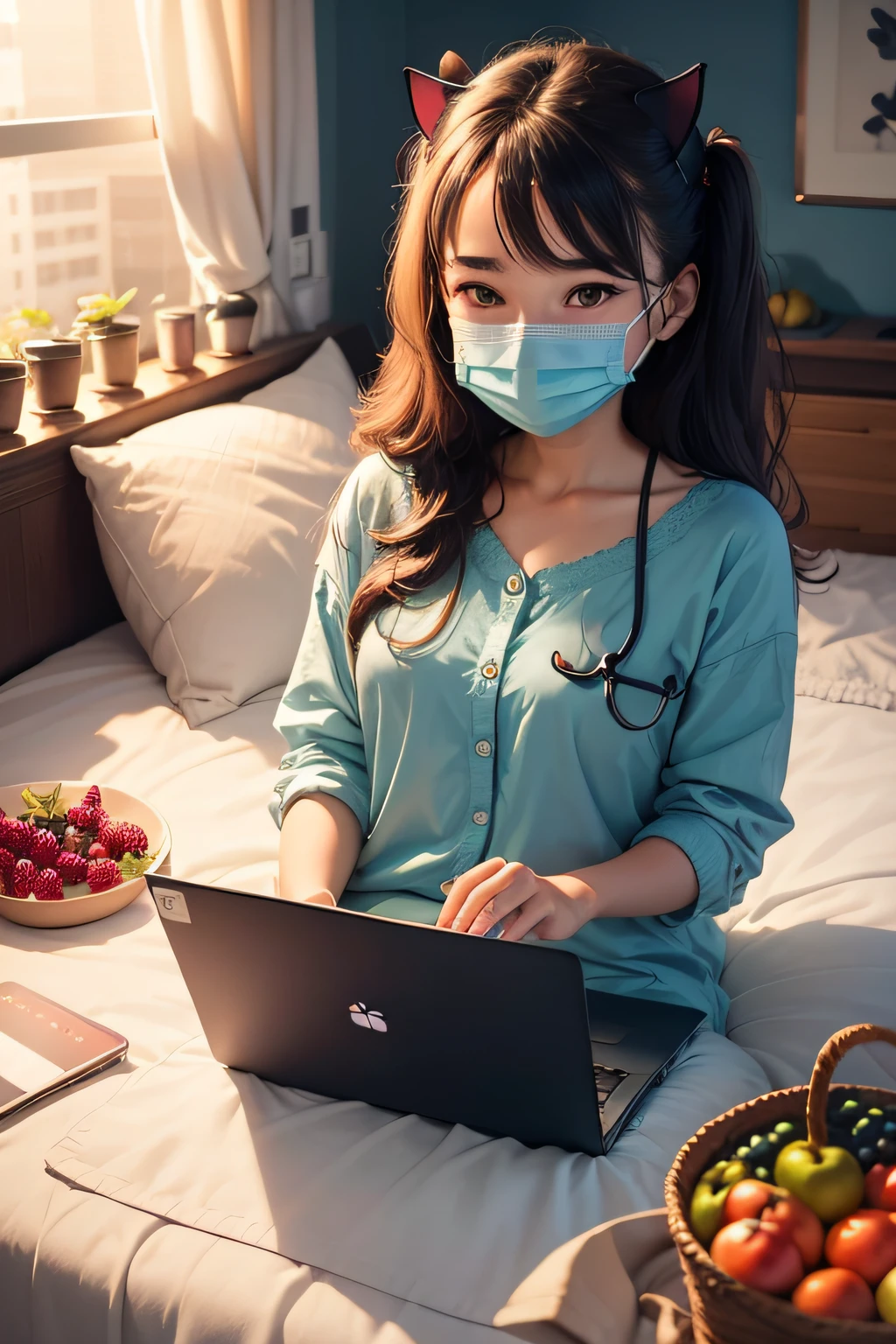 Happy girl in medical mask sitting on bed, There are a lot of fruits around it, Berries, Laptop and cats