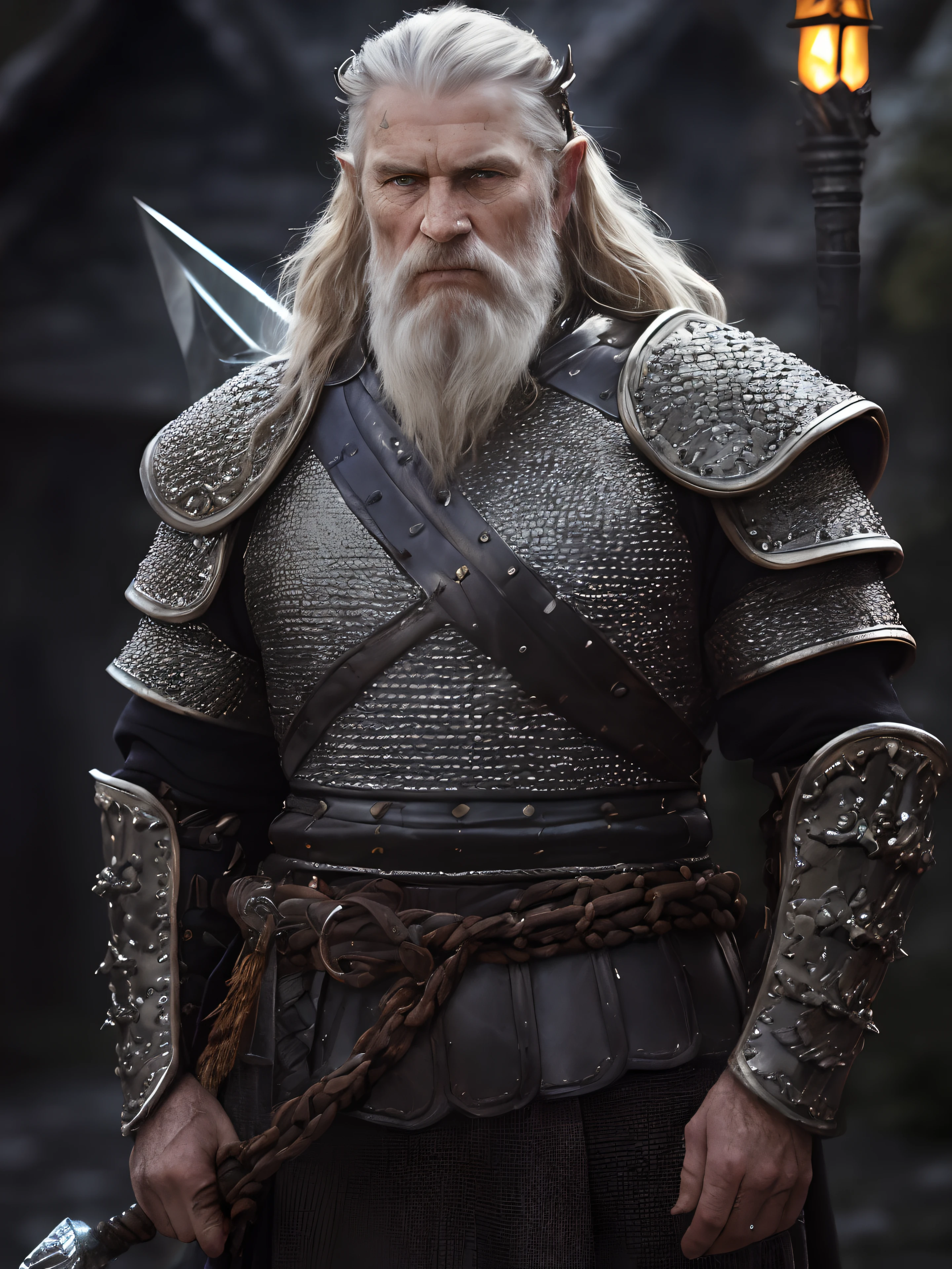 (Highest quality:1.3), cinematic shot, masterpiece, (sharp focus:1.5), (photorealistic:1.3), medium portrait of (a weary-looking but still proud and fierce-looking old Viking warrior, now the leader of his village, dressed in elaborately detailed chain mail and leather armour, a few torches burn on the walls, giving the scene a dark atmosphere but sculpting the forms in sharp chiaroscuro), it is night time, (highly detailed skin), (detailed face), detailed background, dark lighting, twilight lighting, volumetric lighting, intricate details, UHD,