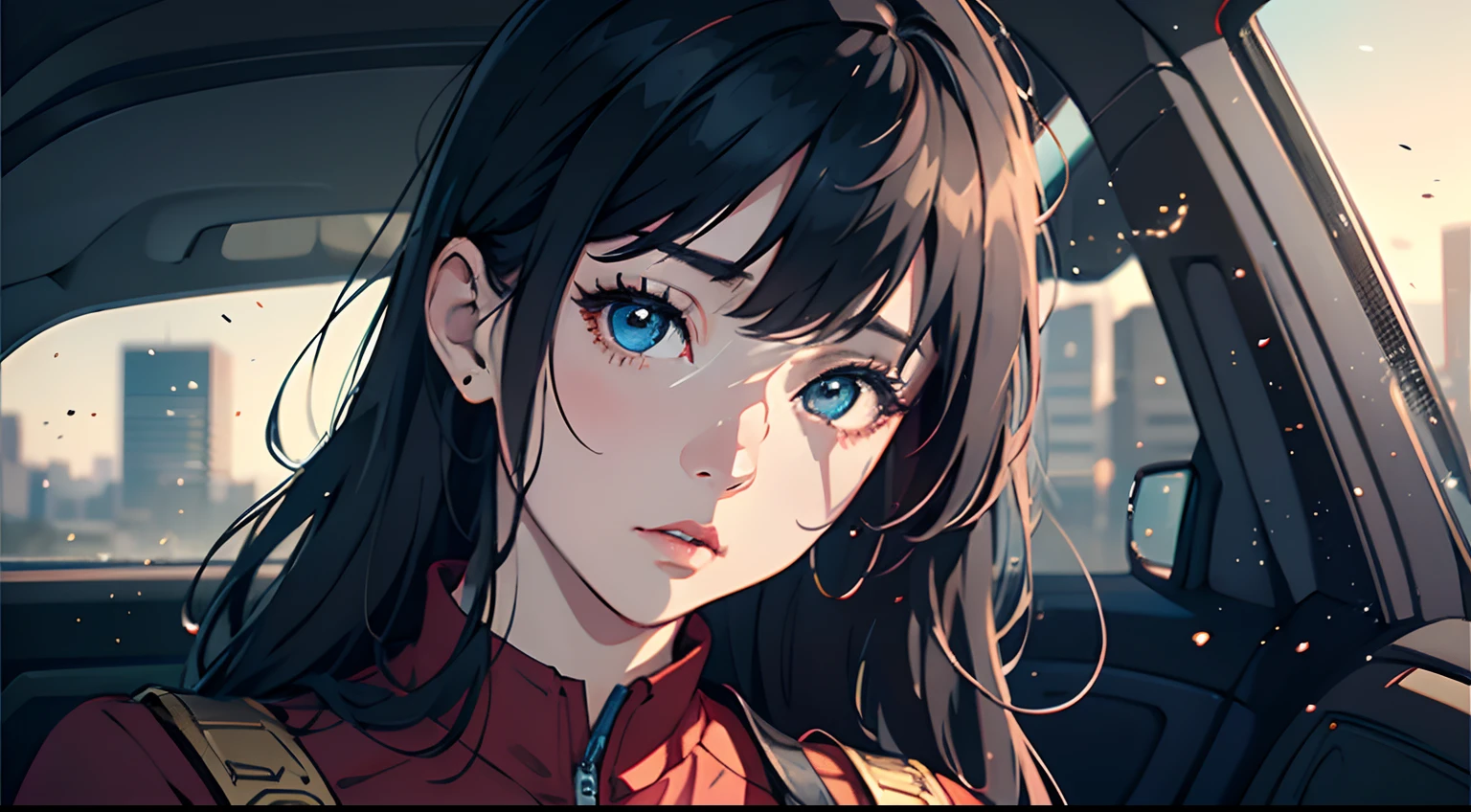 8K, 8K wallpaper, (An extremely delicate and beautiful:1.1), (Beautiful detailed eyes:1.3), (Best Illustration:1.1), (Best quality:1.3), (Best shadow:1.1), (Cinematic lighting:1.2), Detailed eyes, (Detailed_Light:1.1), (Dreamy:1.1), (Extremely detailed Cg Unity 8K wallpaper:1.1), A high resolution, (Masterpiece:1.3), Official_art, Ray tracing, (Stylized:1.3), trending on artstationh, (Supergianthugebreasts_Detailed:1.2) (Style & composition:0)1girll,,Solo,Asian people,Black hair,long whitr hair,Red clothes,Sit in the car,back,The face is sad,