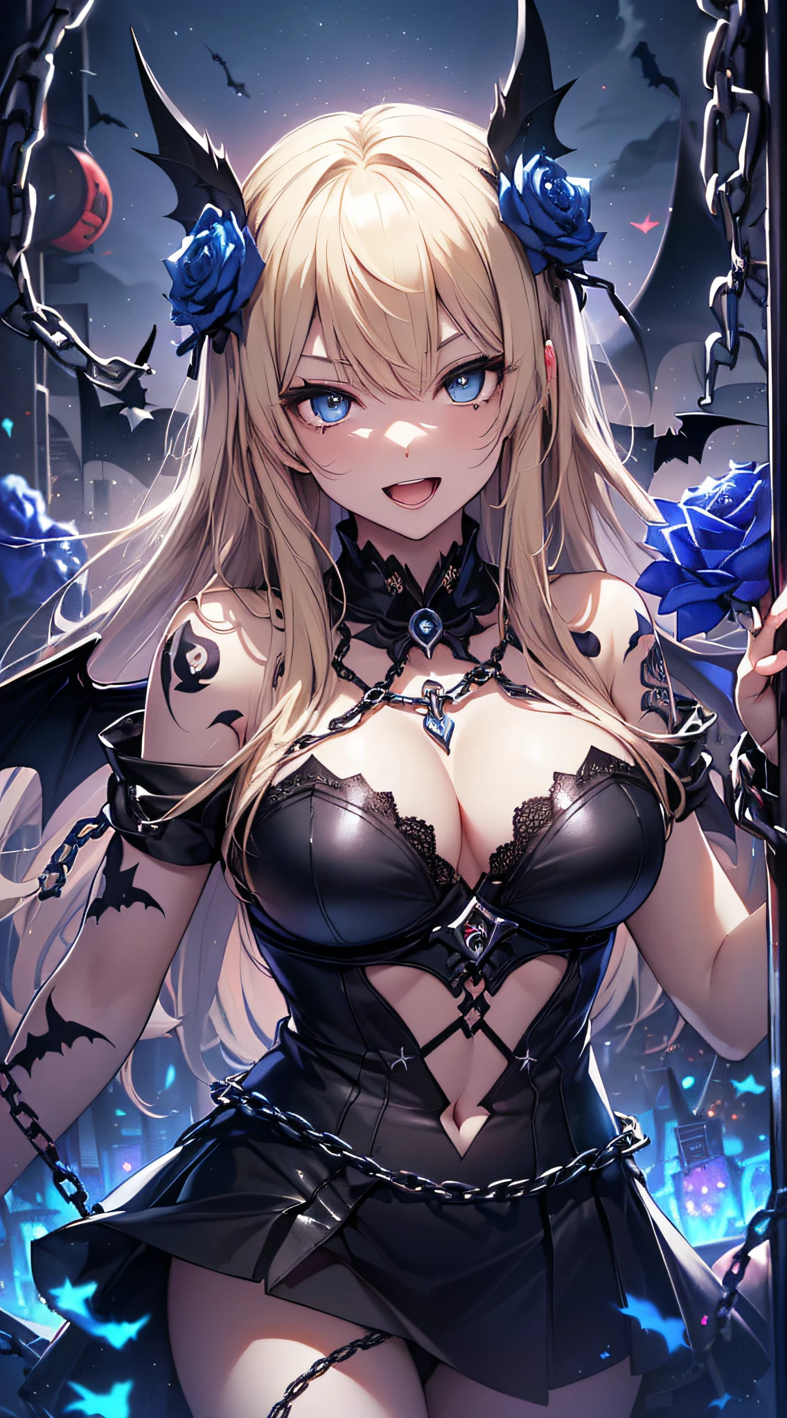 top-quality、Top image quality、​masterpiece、girl with((18year old、Dark clothing、Dark 、Dark skirt、 Best Bust、Bust 90、Blonde long、Blue eyes、open chest wide、Valley、Happiness、A slender、Provocative behavior、Evil face、Handcuffed、High laughter、Skull Tattoo、Tattoo of roses、Targeting your audience、Tighten blue rose hair、Aura of Darkness,Dark Forces,blue flames、Chain Accessories、Black wings)）hiquality、Beautiful Art、Background with((prison、Dark impression、nightcity,Red sky、Many bats、many chains、the magma))、masutepiece、Elaborate design、visualart、dark art