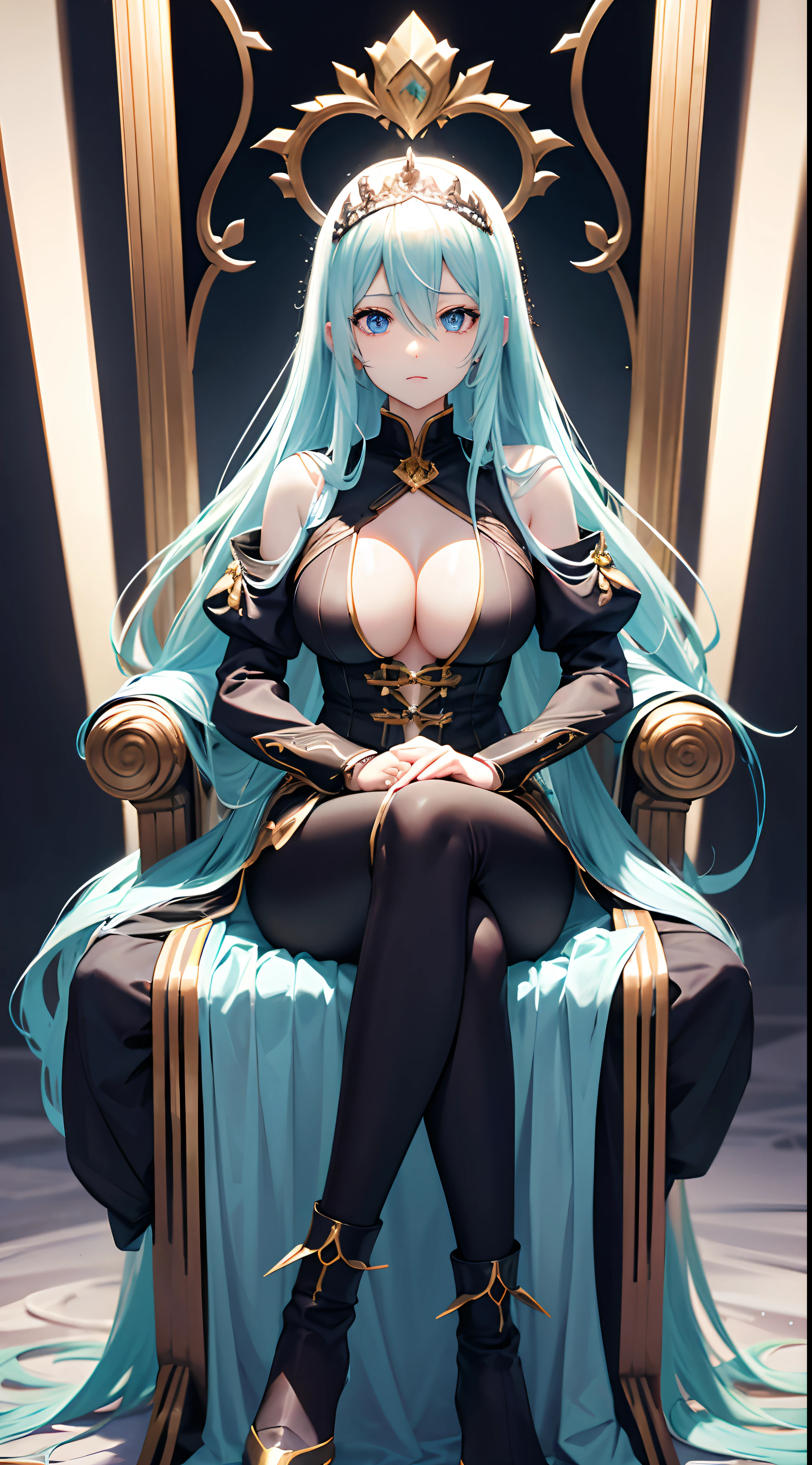 long yellow hair、An anime girl with beautiful light blue eyes、Sitting on a throne with legs crossed。In a fantasy world、It's magic and、Wearing black clothes and the pants of the Queen of the Underworld、Princess wears a tiara。thickening of thighs、It has a dominant expression and、There was an arrow of blue light stuck in his eye.、large breasts、perfectbody