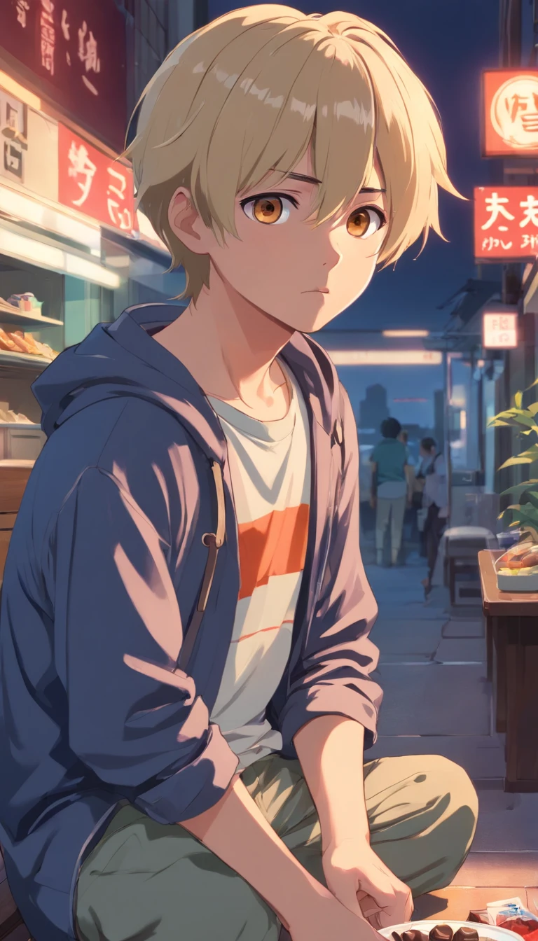 a poor sitting, sad eyes, sad face, helpless, rebellious gaze, wary eyes, detailed face, old clothes, really pale skin, blood- color eyes, long lashes, korean boy, long sleeves gray shirt, platinum blonde hair, medium short hair, straight hair, messy hair, eating chocolate, abusive bruises