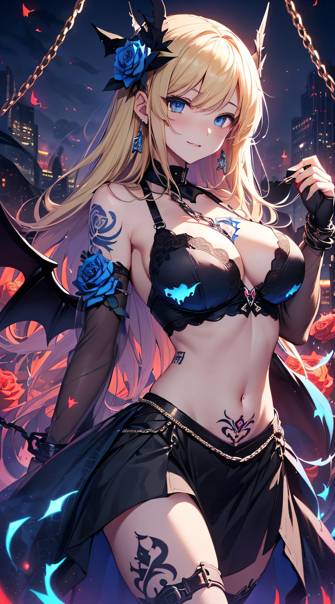 top-quality、Top image quality、masterpiece、girl with((18year old、Dark clothing、Dark bra、Dark skirt、 Best Bust、Bust 90、Blonde long、Blue eyes、open chest wide、Valley、Happiness、A slender、Provocative behavior、Evil face、Handcuffed、High laughter、Skull Tattoo、Tattoo of roses、Targeting your audience、Tighten blue rose hair、Aura of Darkness,Dark Forces,blue flames、Chain Accessories、Black wings))hiquality、Beautiful Art、Background with((prison、Dark impression、nightcity,Red sky、Many bats、many chains、the magma))、masutepiece、Elaborate design、visualart、dark art