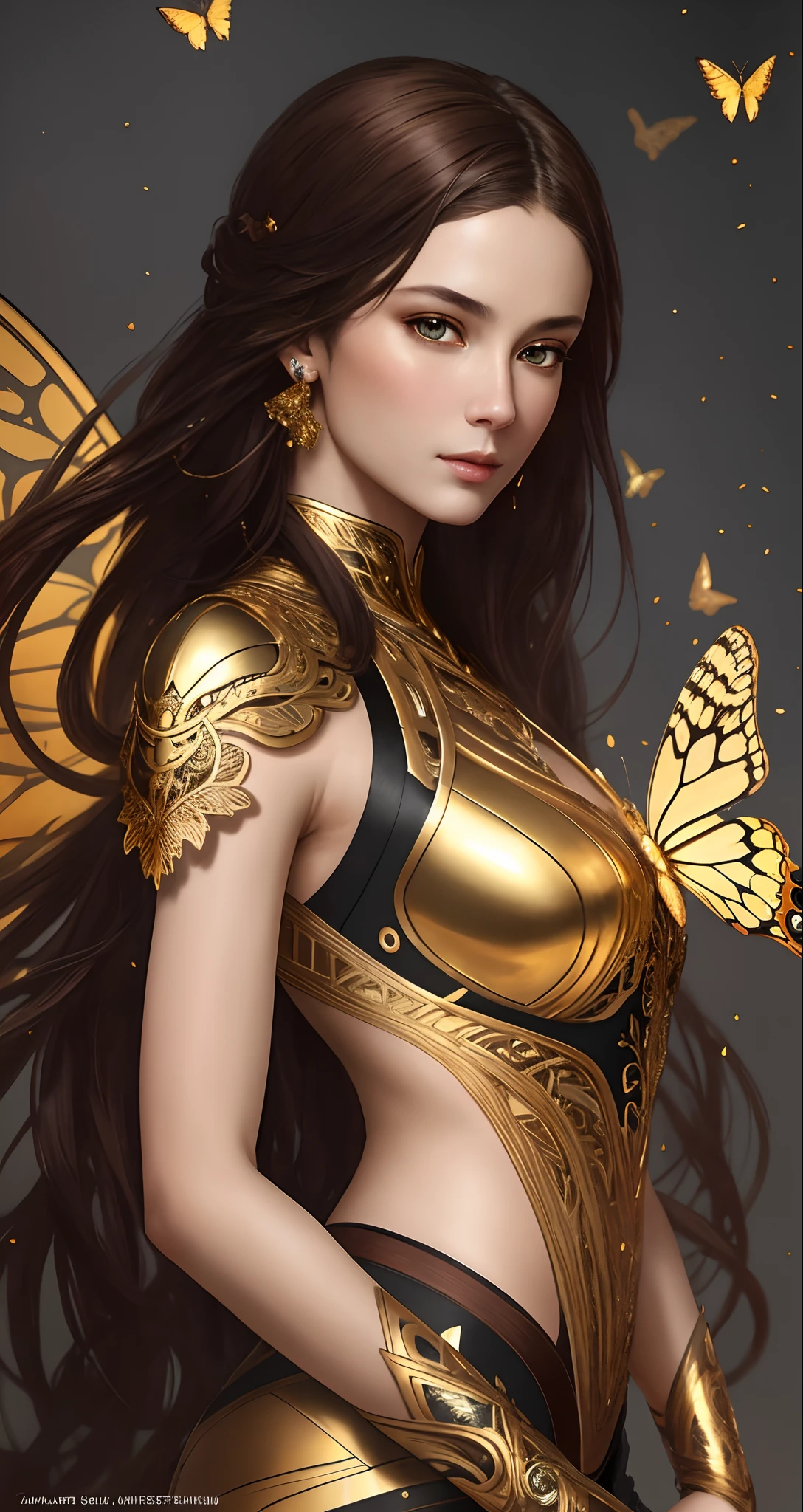 8k portrait of beautiful cyborg with brown hair, intricate, elegant, highly detailed, majestic, digital photography, art by artgerm and ruan jia and greg rutkowski surreal painting gold butterfly filigree, broken glass, (masterpiece, sidelighting, finely detailed beautiful eyes: 1.2), hdr,